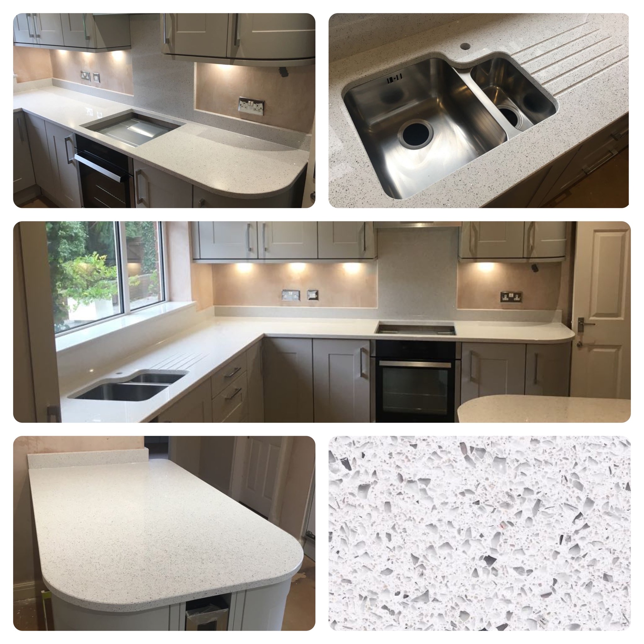 Silestone Blanco Stellar quartz worktops shaped to suit curved kitchen doors, fitted in Warrington #quartzworktops #kitchenideas #worktopscheshire #quartzworktop #kitchenworktops #silestonequartz #silestone