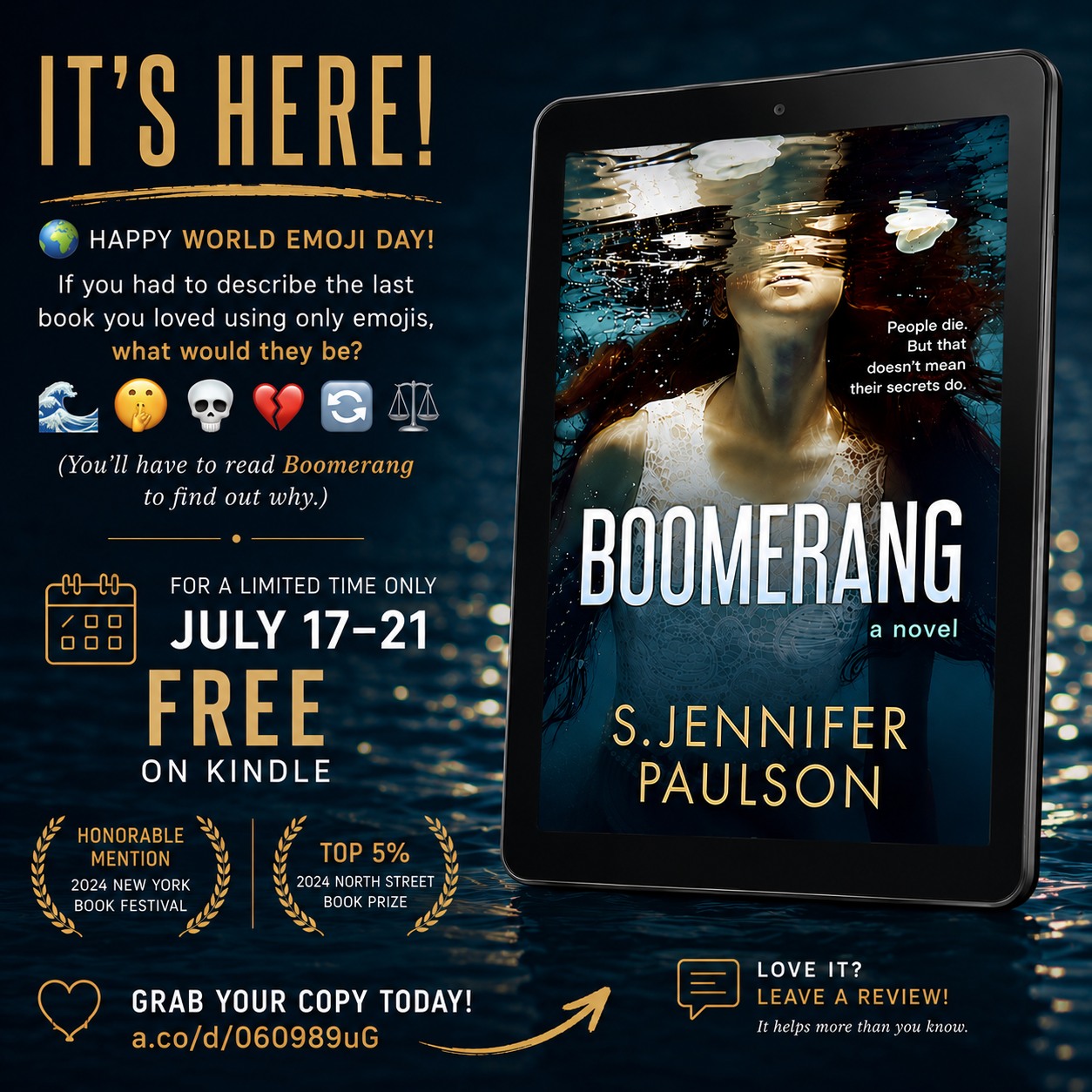 📚🎉 It's here!
Happy #WorldEmojiDay! If you had to describe the last book you loved using only emojis, what would they be?
Mine might look something like this:
🌊🤫💔🔁😳
(You'll have to read "Boomerang" to find out why. 😉)
Starting today through Tuesday, July 21, the Kindle edition of "Boomerang" is FREE.
This story has earned an Honorable Mention in the 2024 New York Book Festival and was recognized among the top 5% of entries in the 2024 North Street Book Prize, but what means the most to me is every reader who takes a chance on it.
If you download it, I'd love to hear what you think. And if you enjoy it, leaving a review is one of the best ways to support an independent author.
📖 Download "Boomerang" by visting the link in bio.
Question: Describe your favorite book using only emojis. I'll try to guess it!
#FreeKindleBook #KindleBooks #BookRecommendations #BookLovers #SummerReading #IndieAuthor #mustread