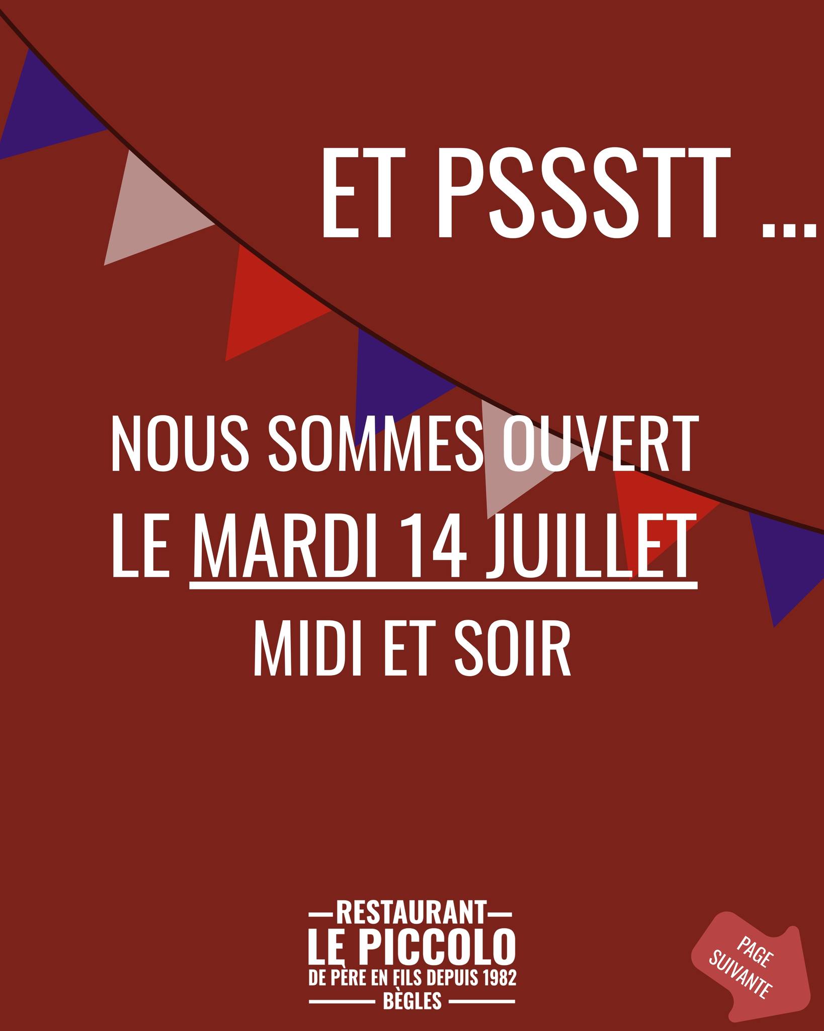 🚨 OUI, NOUS SOMMES OUVERTS CE 14 JUILLET ! 🇫🇷
Le Piccolo vous accueille le mardi 14 juillet, midi ET soir, pour profiter pleinement de ce jour férié autour d'un bon repas. Et dès 21h, vivez la demi-finale France 🇫🇷 - Espagne 🇪🇸sur nos grands écrans en terrasse ou en salle climatisée, dans une ambiance conviviale et festive.
En bonus, toutes nos bières sont à 6€ la pinte pendant le match ! (hors Guinness)
Réservez votre table dès maintenant et venez passer votre 14 juillet au Restaurant Le Piccolo. On vous attend nombreux ! 🇫🇷⚽🍻