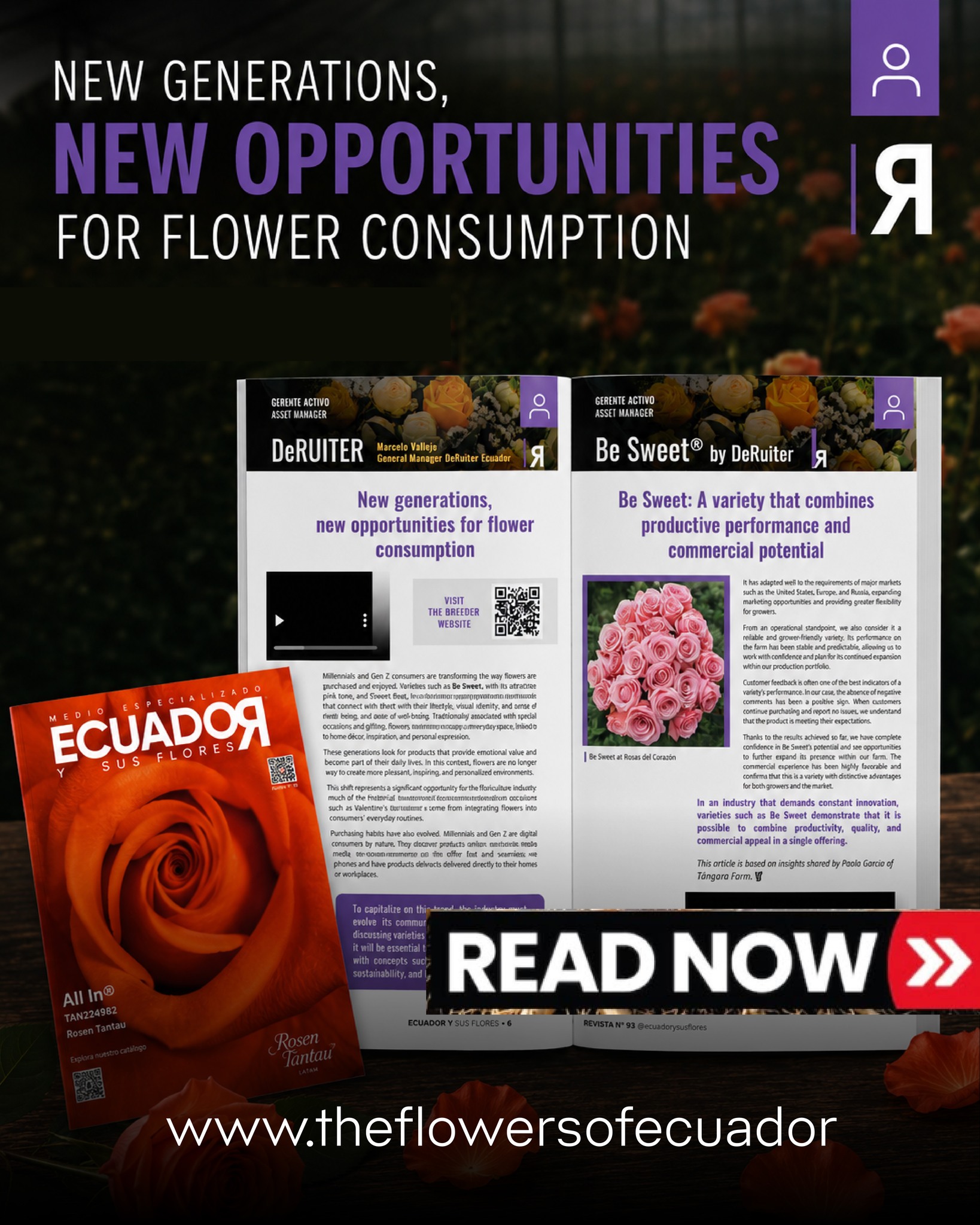 NEW GENERATIONS, NEW OPPORTUNITIES
How are Millennials and Gen Z reshaping the future of flower consumption?
In our latest edition, we explore how new generations are redefining their relationship with flowers, transforming them from occasional gifts into everyday experiences connected to well-being, creativity, and personal expression.
We also spoke with the team at DeRuiter Ecuador about Be Sweet®, a variety that combines productive performance with strong commercial potential in international markets.
📖 Discover exclusive insights, innovative varieties, and the trends shaping the next chapter of floriculture in the latest edition of Ecuador y sus Flores.
#EcuadorYSusFlores #DeRuiter #BeSweet #Floriculture #FlowerIndustry #RoseBreeding #FloralTrends #Millennials #GenZ #EcuadorianRoses