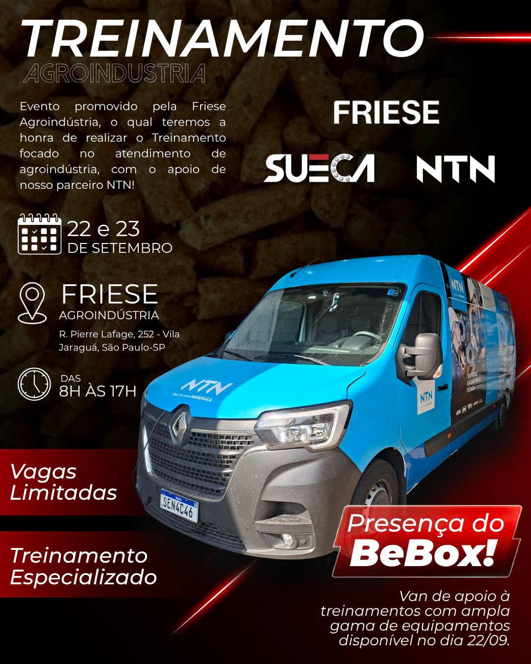 Em parceria com a NTN, realizaremos mais uma edição do nosso treinamento na Friese Agroindústria, nos dias 22 e 23 de setembro, criando um ambiente de troca, aprendizado e evolução contínua para profissionais que buscam elevar suas práticas em manutenção e confiabilidade.
E junto com a gente: mais uma vez, o BeBox estará presente, trazendo na prática soluções e demonstrações que conectam conhecimento com aplicação real no dia a dia.
Será um momento pensado para quem valoriza atualização, conexão e crescimento conjunto.
📍 Friese Agroindústria – São Paulo/SP
📅 22 e 23 de setembro
⏰ Das 8h às 17h
As vagas são limitadas. Garanta sua participação diretamente com a Friese: 📞 (11) 98435-0035