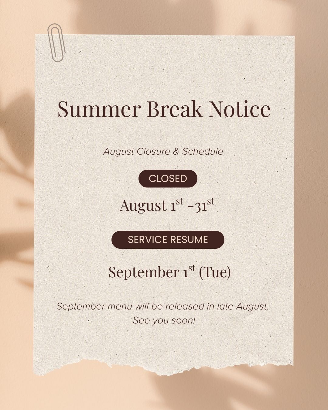 【Summer Break Notice / 夏季休業のお知らせ】
Nu-Table will be closed for summer break from August 1st to August 31st. We will resume our meal delivery service on Tuesday, September 1st. Thank you for your understanding!☀️
Nu-Tableは8月1日〜8月31日の間、夏季休業をいただきます。お休み前最終の配達は7月28日(火)となります(締め切り:7月24日)。
営業再開は9月1日(火)からとなります。ご理解とご協力をいただき、誠にありがとうございます。みなさま素敵な夏をお過ごしください!🌞
#nutable #mealdelivery