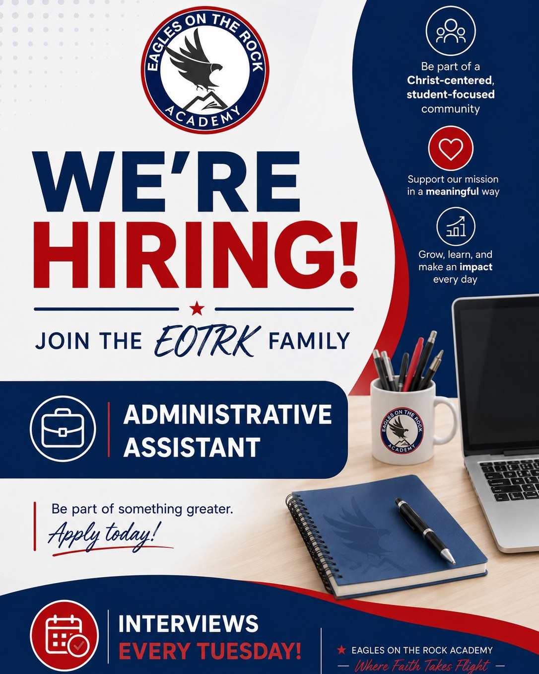 📣 We're Hiring! Join the EOTRK Family! 🦅
Eagles on the Rock Academy is looking for a passionate Administrative Assistant to join our growing team!
If you're organized, friendly, and enjoy serving in a Christ-centered school community, we'd love to meet you. This is an opportunity to make a meaningful impact while supporting our students, families, and staff in a warm, faith-filled environment.
📅 Interviews are held every Tuesday.
Ready to apply? Submit your application here:
https://app.earlyday.com/employer/jobs/pre-k-lead-teacher-eagles-on-the-rock-academy