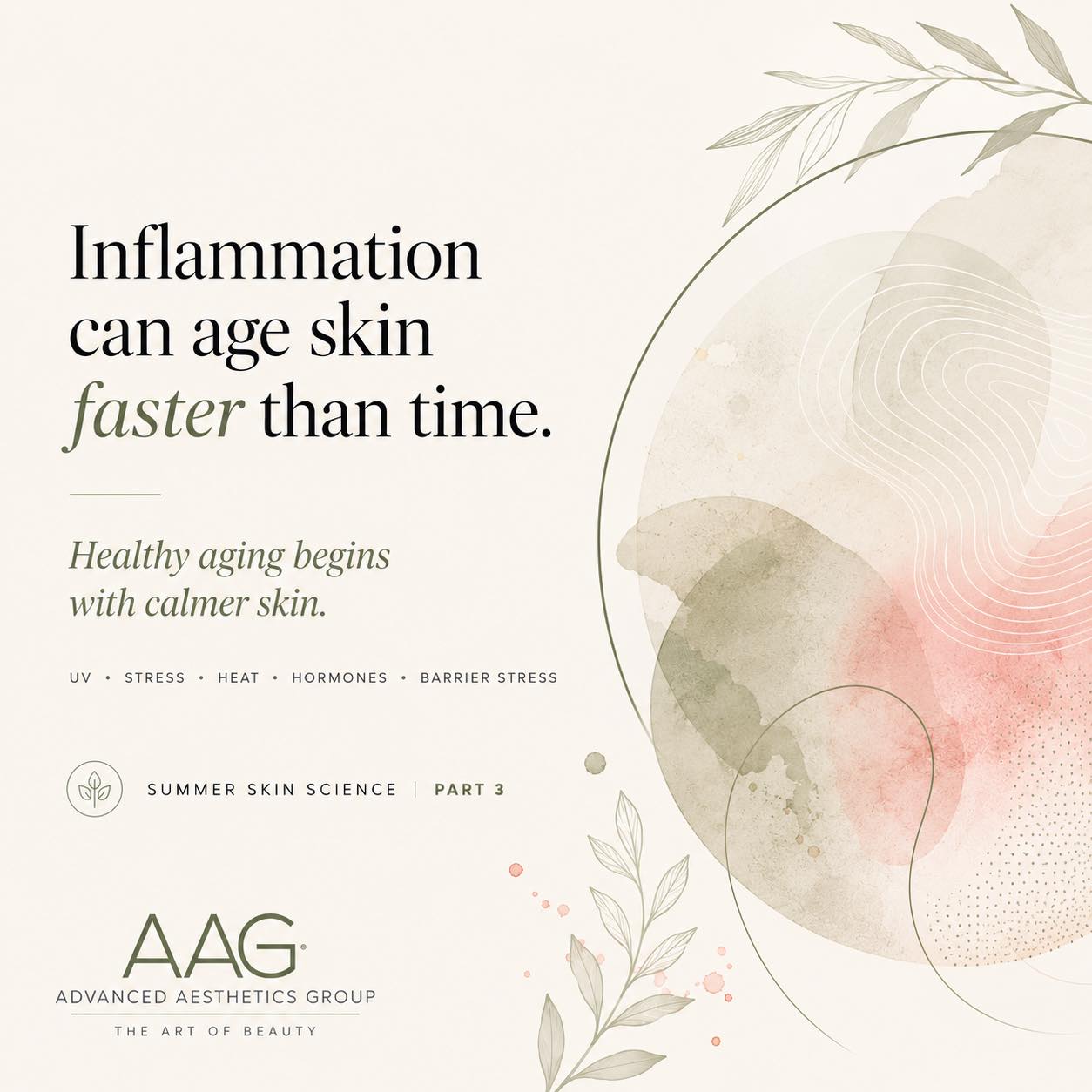 Summer Skin Science | Part 3
Inflammation can age the skin faster than time alone.
We often think of skin aging as something measured only in birthdays—but the environment surrounding your skin matters, too.
UV exposure, heat, pollution, stress, smoking, hormonal changes, and an impaired skin barrier can all contribute to ongoing oxidative stress and inflammation. When that inflammatory cycle continues, it can interfere with repair, weaken the skin’s protective barrier, and contribute to the breakdown of collagen and other structures that keep skin resilient.
Over time, this may show up as:
Increased sensitivity
Persistent redness
Uneven pigmentation
Slower healing
Dryness or dehydration
Earlier loss of firmness
This is why healthy skin care is not simply about correcting lines after they appear.
It is also about reducing avoidable stress on the skin, protecting it from daily damage, supporting its barrier, and choosing treatments that complement what the skin actually needs.
Daily broad-spectrum sunscreen remains one of the most important steps because UV exposure drives oxidative stress, collagen breakdown, pigmentation changes, and premature aging.
From calming facials and LED therapy to antioxidants, barrier-supportive skincare, and personalized treatment plans, the goal is not to force your skin to behave differently.
It is to create an environment where it can function more effectively.
Healthy aging begins with calmer, better-supported skin.
#AdvancedAestheticsGroup #SummerSkinScience #SkinInflammation #HealthyAging #SkinBarrier #SkinHealth #CincinnatiDermatology #CincinnatiMedSpa