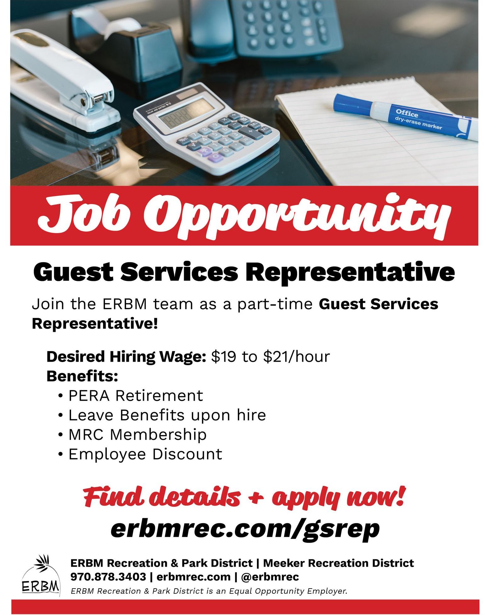Accepting applications for Guest Services Representatives! Full job description + application at erbmrec.com/gsrep