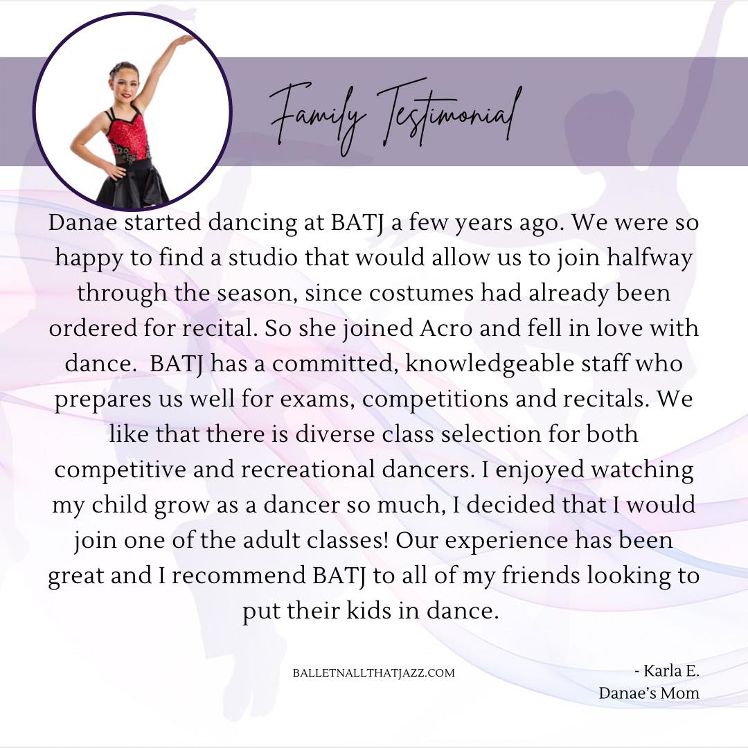 Testimonial Tuesdays - Danae is one of our upcoming Senior dancers that we have had the absolute pleasure of teaching since she was young 💖 She has grown into a fantastic performer and dancer! Karla is an amazing support to our studio and we love having her in our adult classes 😃 #balletnallthatjazz