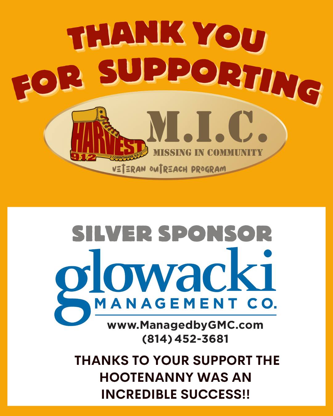 A huge thank you to our incredible event sponsors. With their support, the Hootenanny was an overwhelming success!!