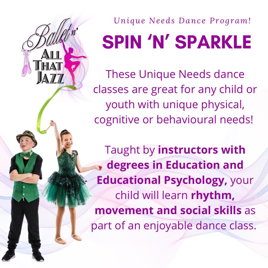 Every Sunday we run classes for dancers with Unique physical and cognitive needs! π Any young person with developmental, physical or behavioural/emotional challenges are welcome to join these classes. Register online at https://www.balletnallthatjazz.com/spin-and-sparkle-program #balletnallthatjazz