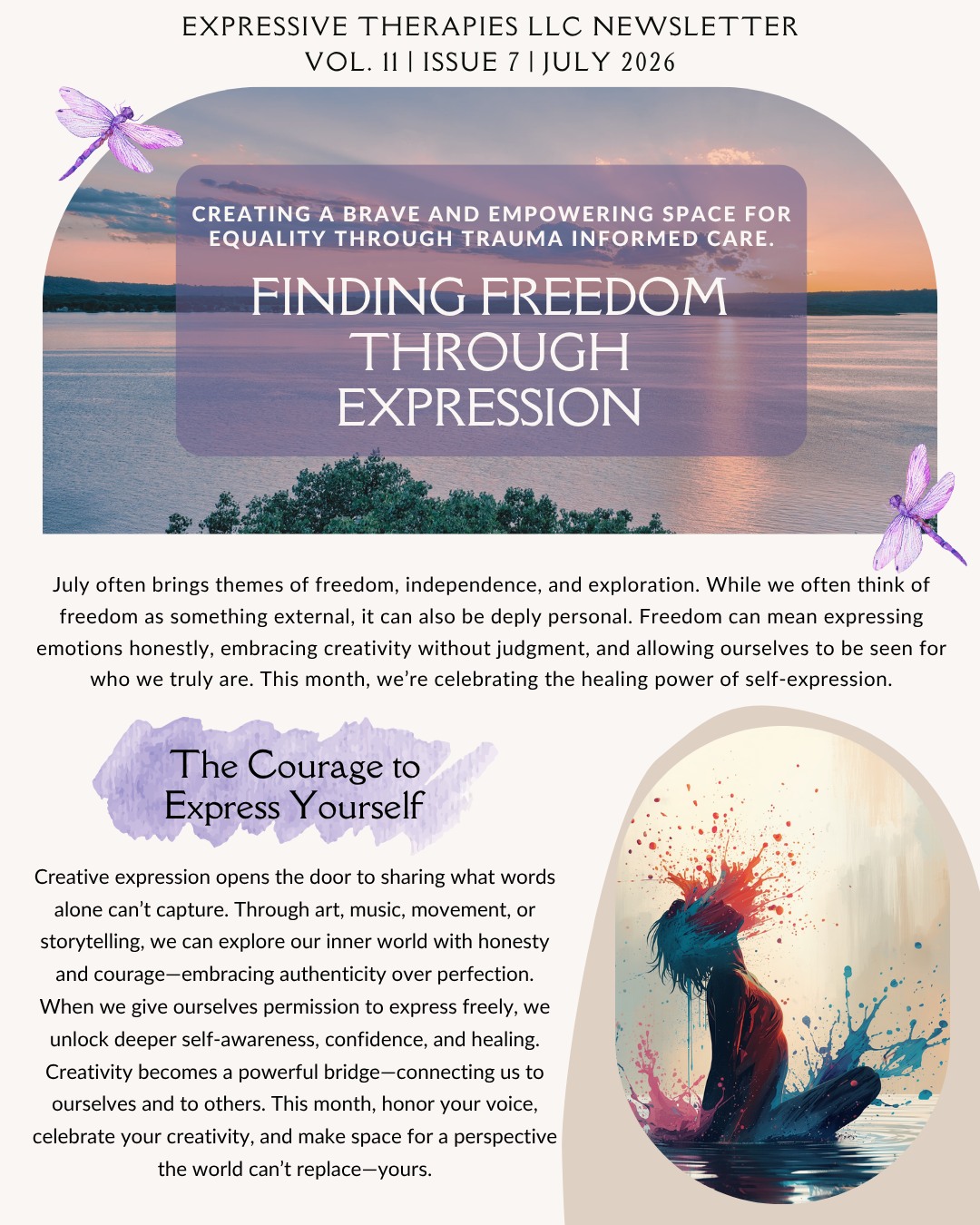 ETLLC Newsletter - Freedom Through Expression Vol. 11 | Is. 7 | July 2026
This month's newsletter is all about finding freedom and control through creative expression.
#expressivetherapiesllc #creativeartstherapies