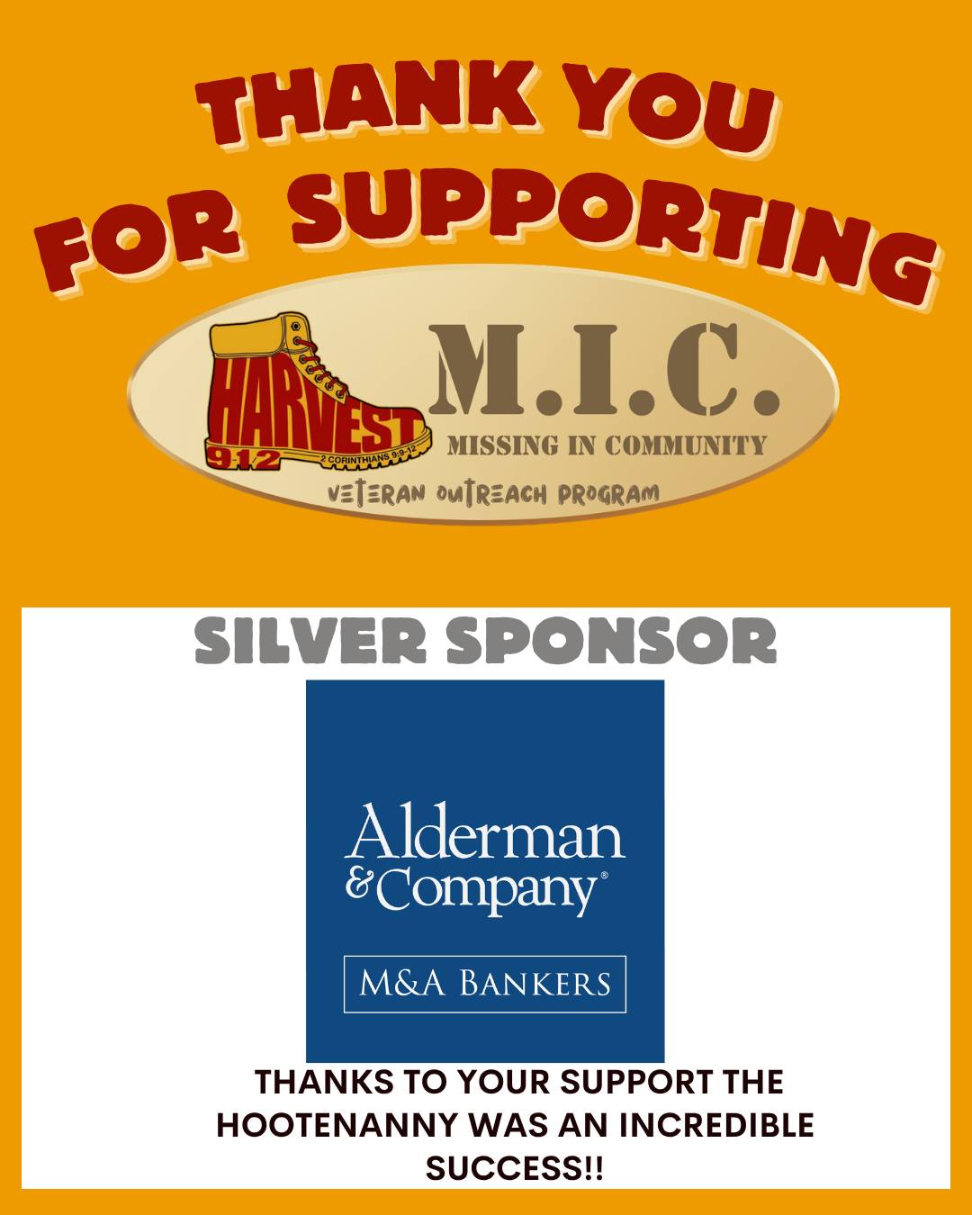 A huge thank you to our incredible event sponsors. With their support, the Hootenanny was an overwhelming success!!