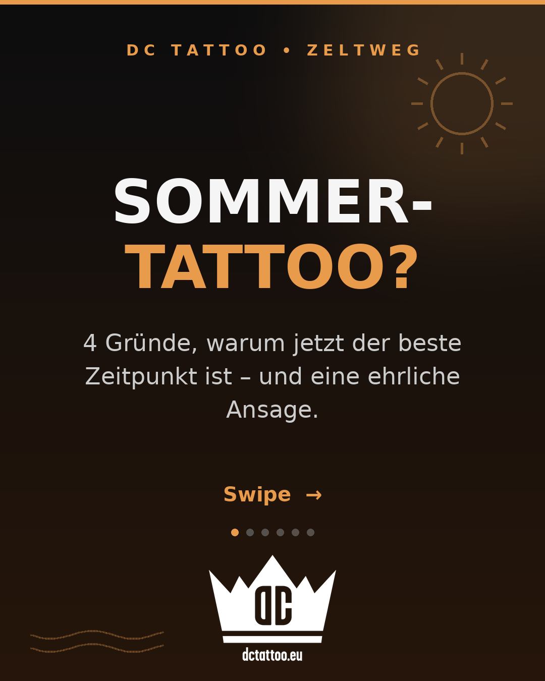 ☀️ Sommer-Tattoo? Ja – mit Plan. 🖤
Wir sagen's dir ehrlich: Der Sommer hat beim Tätowieren echte Vorteile – und ein paar Regeln. Swipe durch für 4 gute Gründe und eine ehrliche Ansage.
Kurz zusammengefasst:
🍃 Lockere Kleidung = entspannte Heilung
🛡️ Second Skin = schnellere Heilung
💡 Kluge Stellenwahl – Rippen, Oberschenkel, Rücken
🌴 Termin in deinem Urlaub = in Ruhe abheilen – ohne Arbeitsstress oder scheuernde Arbeitskleidung.
⚠️ Direkte Sonne & Baden? In den ersten Tagen tabu – danach gehört der Sommer wieder dir.
📲 Bock auf dein Sommer-Projekt? Schreib uns deine Idee per DM – wir beraten dich zu Stelle & Timing und haben noch freie Termine!
📍 DC Tattoo, Zeltweg
🌐 dctattoo.eu
#DCTattoo #TattooSommer #SummerInk #TattooHeilung #ZeltwegTattoo #NewTattoo #TattooPflege #SecondSkin #TattooStudio #Steiermark #dctattoozeltweg #TattooInspiration #TattooArtists #Zeltweg #tattoostudio #summerday #tattoolovers #inkedcommunity #Steiermark #TattooArt #tattoovibes #Tattoo #tattoolove #InkAddict #BodyArt