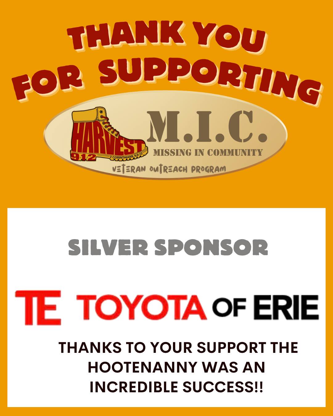 A huge thank you to our incredible event sponsors. With their support, the Hootenanny was an overwhelming success!!