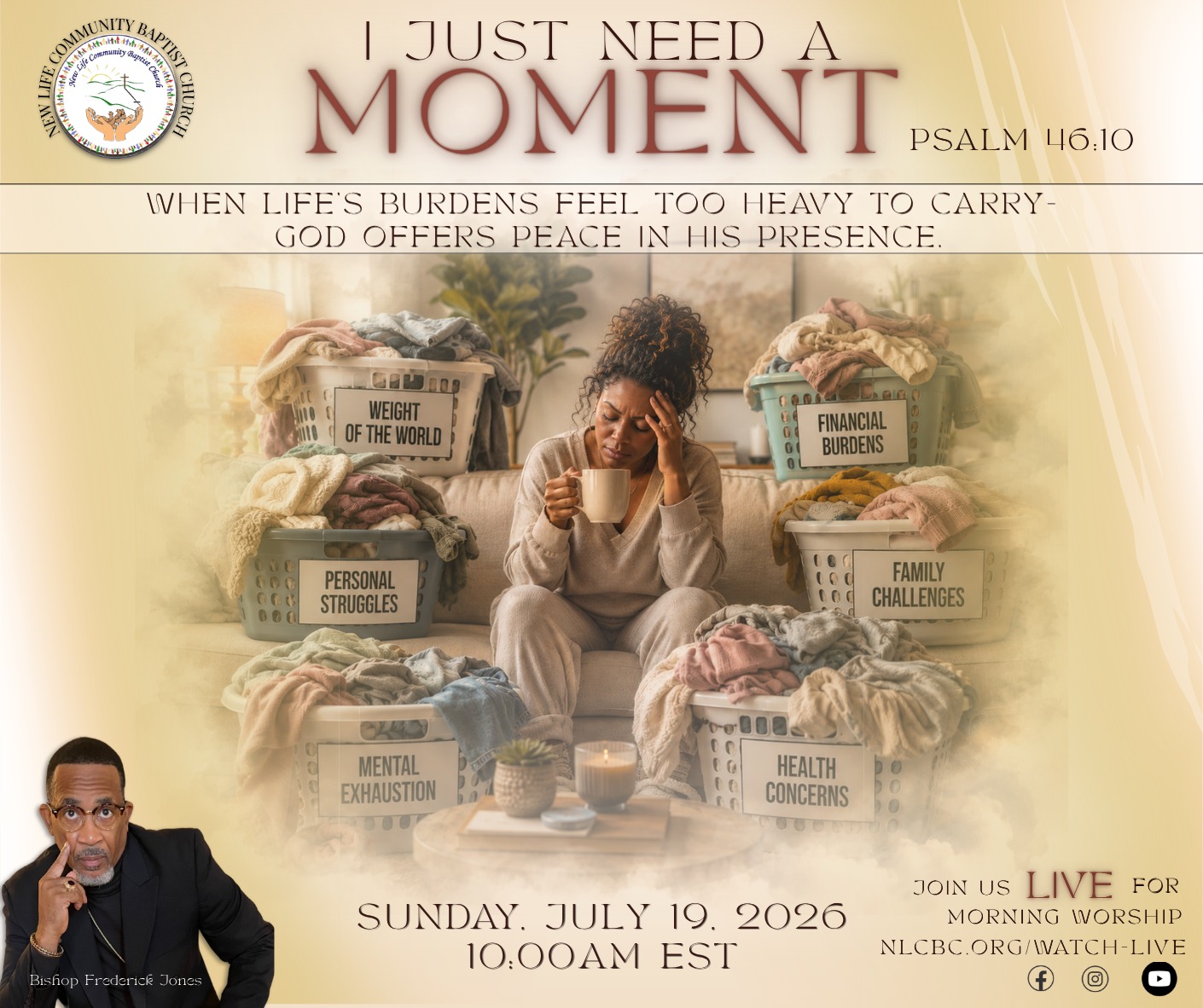 Sometimes you don't need all the answers... You just need a moment.
When life's burdens feel too heavy to carry, God offers peace in His presence. Join us this Sunday as we discover how Psalm 46:10 reminds us to pause, be still, and find strength in the One who carries what we cannot. 🙏✨
#IJustNeedAMoment #Psalm4610 #BeStill #FaithOverFear #NewLifeCommunityBC 💙📖🙏