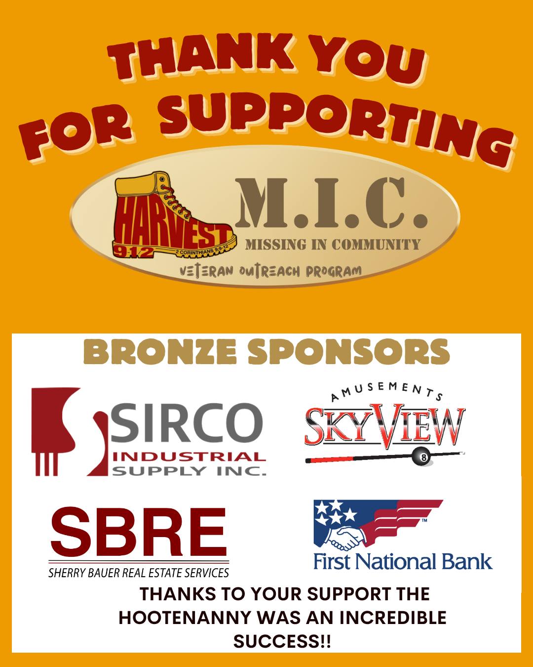 A huge thank you to our incredible event sponsors. With their support, the Hootenanny was an overwhelming success!!
