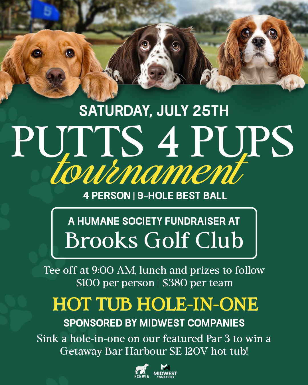 2 days until Putts 4 Pups! β³πΎ Join us THIS Saturday, July 25th at Brooks Golf Club. 4-person, 9-hole best ball, tee off at 9 AM, bottomless mimosas with @ofarrellsisters , lunch with Miles, and prizes to follow. ANDDDDDD we've got some seriously awesome prizes this year, including a shot at a Getaway Bar Harbour SE 120V hot tub for a hole-in-one on our featured Par 3, thanks to Midwest Companies, and a raffle (open to the public) for a brand new sauna! $100 per person or $380 per team, don't miss out!
Click the link in the comments to register your team or purchase raffle tickets today!
