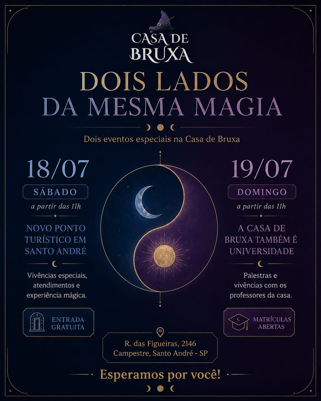 Dois dias, duas experiências, uma só magia!
Neste fim de semana, a Casa de Bruxa abre as portas para você viver momentos de conhecimento, autoconhecimento e encantamento.
🌙 Sábado (18/07) e domingo (19/07): descubra o novo ponto turístico místico de Santo André, com espaços de meditação, pequenos rituais, vivências especiais, atendimentos com valor popular e entrada gratuita mediante a doação de 1 kg de alimento não perecível. Conheça também o lado acadêmico da Casa de Bruxa! Participe de palestras, vivências e atendimentos com nossos professores, descubra as formações que estão com matrículas abertas e mergulhe no universo das terapias, oráculos e práticas integrativas.
Venha viver essa experiência única, conhecer nossa comunidade e despertar novos caminhos de aprendizado.
Esperamos por você!
#CasaDeBruxa #UniversidadeLivreHolística #SantoAndré #ABCPaulista #Vivências #Palestras #CursosHolísticos #TerapiasIntegrativas #Espiritualidade #Autoconhecimento #Tarô #BaralhoCigano #RegistrosAkáshicos #Meditação #Magia #BruxariaNatural #Holística #EventosSP #FimDeSemana #CulturaEsotérica