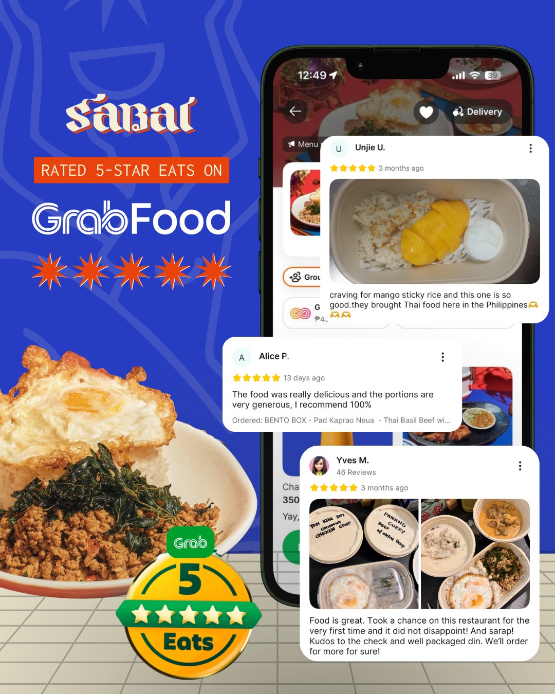 5 stars. Countless happy cravings. ⭐⭐⭐⭐⭐
We're proud to be officially recognized as a Grab 5-Star Eats restaurant! Thank you for every order and every review. 💚🇹🇭
Order your Sabai favorites on GrabFood today.