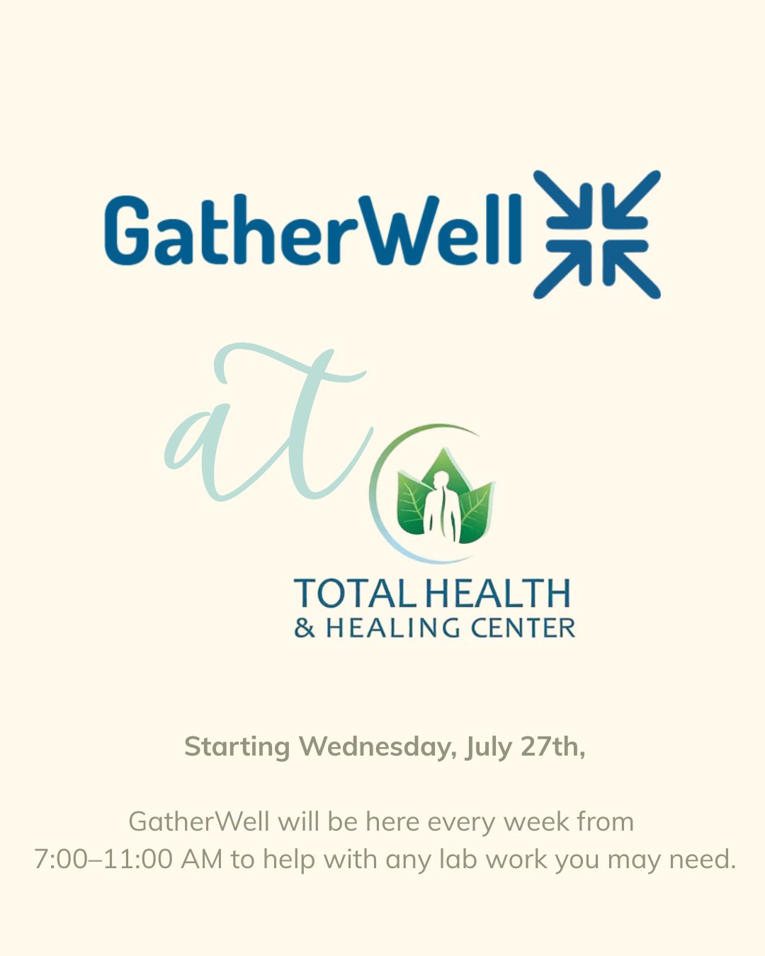 We’re excited to partner with GatherWell on Wednesday mornings!
Starting Wednesday, July 27th, GatherWell will be here every week from 7:00–11:00 AM to help with any lab work you may need.
Need a lab order or have one to complete? Call to schedule your visit at 612-806-1546 or visit gatherwellmn.com to book online.
We’re excited to offer this convenient service to our community!