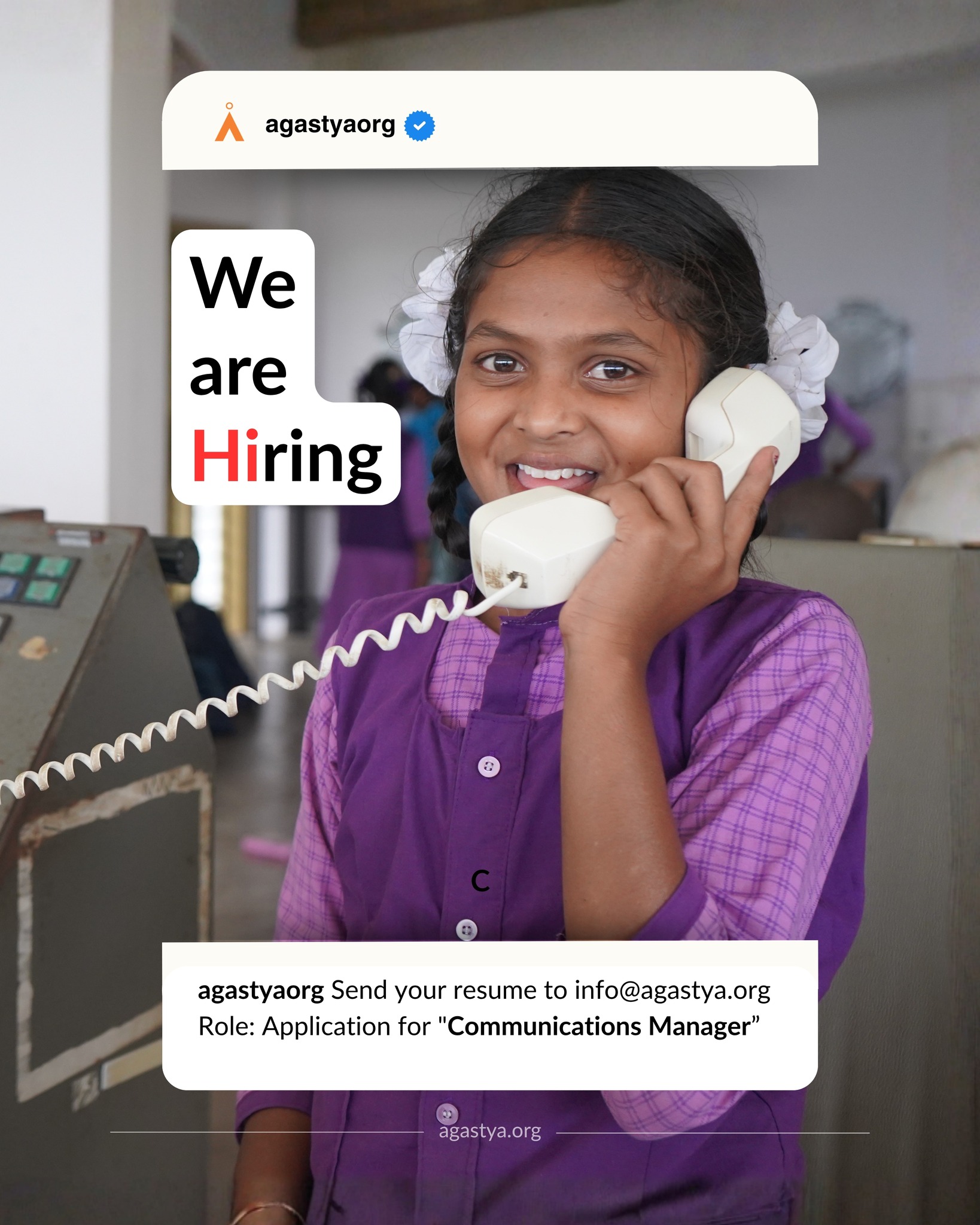 We're looking for a Communications Manager to join our team! If you're passionate about storytelling, digital communication, content strategy, and creating meaningful impact, we'd love to hear from you.
Explore the role and apply today: https://www.agastya.org/careers-1/communications-manager
#hiring #communicationsmanager #CareerOpportunityrs #storytellingg #DigitalCommunication #nonprofitjobs #NGOJobs #bangalorejobs #mediahiring