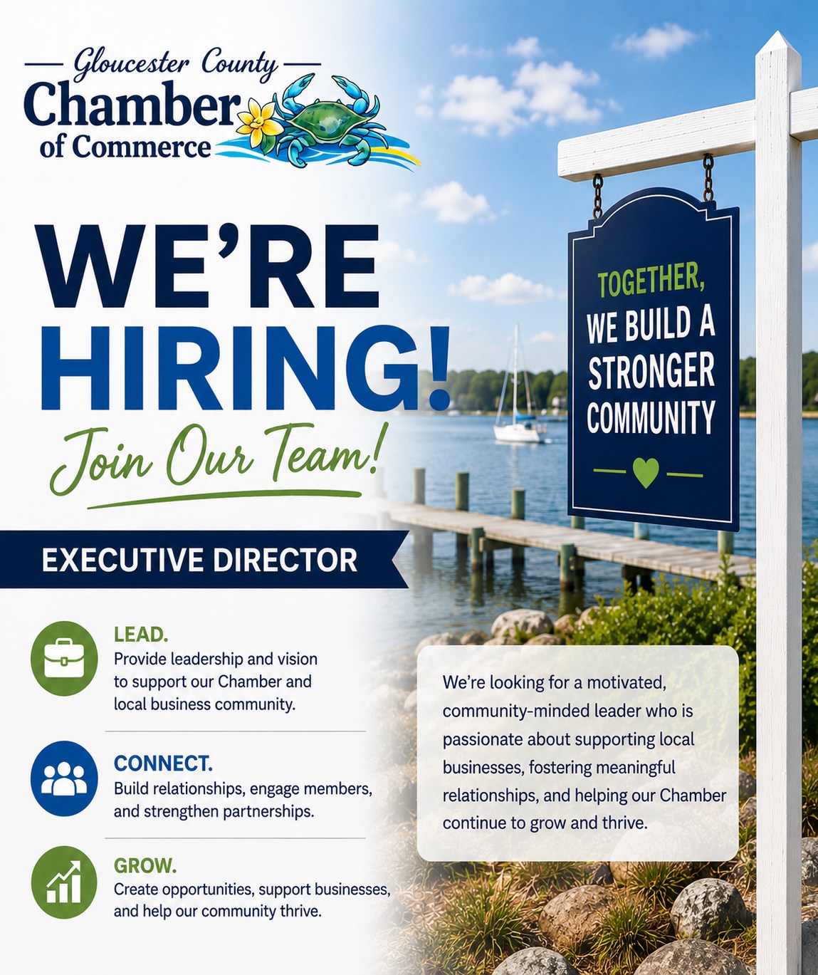 📢 We're Hiring! Join the Gloucester Chamber of Commerce
The Gloucester Chamber of Commerce is excited to announce that we are seeking an Executive Director to lead and support our growing business community.
This is a unique opportunity for a motivated, community-minded leader who is passionate about supporting local businesses, fostering meaningful relationships, and helping our Chamber continue to grow and thrive.
If you or someone you know has experience in leadership, community engagement, event coordination, membership development, and nonprofit or business operations, we encourage you to apply.
📍 Position: Executive Director
📍 Location: Gloucester, VA
To view the full job description and application information, visit:
www.gloucestervachamber.org
Please help us spread the word by sharing this post with your network. We look forward to finding the next leader who will help continue the Chamber's mission of serving our members and strengthening our business community.
#GloucesterVA #GloucesterChamber #NowHiring #CommunityLeadership #SupportLocalBusiness