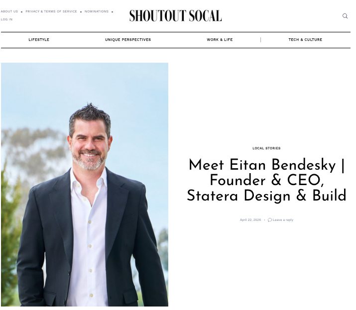We’re proud to share that Statera Founder and CEO Eitan Bendesky has been featured in Shoutout SoCal.
In the interview, Eitan discusses why he founded Statera, the importance of honesty and accountability in construction, and the team, systems and values behind the company’s growth. He also shares his goal of building a company that both clients and employees are proud to be part of.
Read the full interview to learn more about Eitan and the story behind Statera Design & Build. 🔗 https://shoutoutsocal.com/
#StateraDesignBuild #StateraSD #ShoutoutSoCal #FounderStory #SanDiegoBusiness #SanDiegoContractor #DesignBuild #SanDiegoRemodeling
