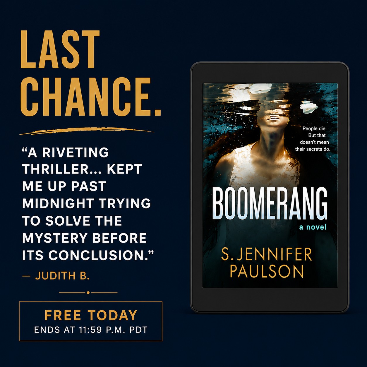 Today's the last day to download "Boomerang" for free on Kindle.
Thank you to everyone who downloaded the book, shared a post or left a review. Your support means more than you know. If you haven't, grab it TODAY while it's still FREE. Link in bio.
If you've been waiting, today's your chance. #lastchance #freebook #thrillerreads #mustread #cantputitdown📚