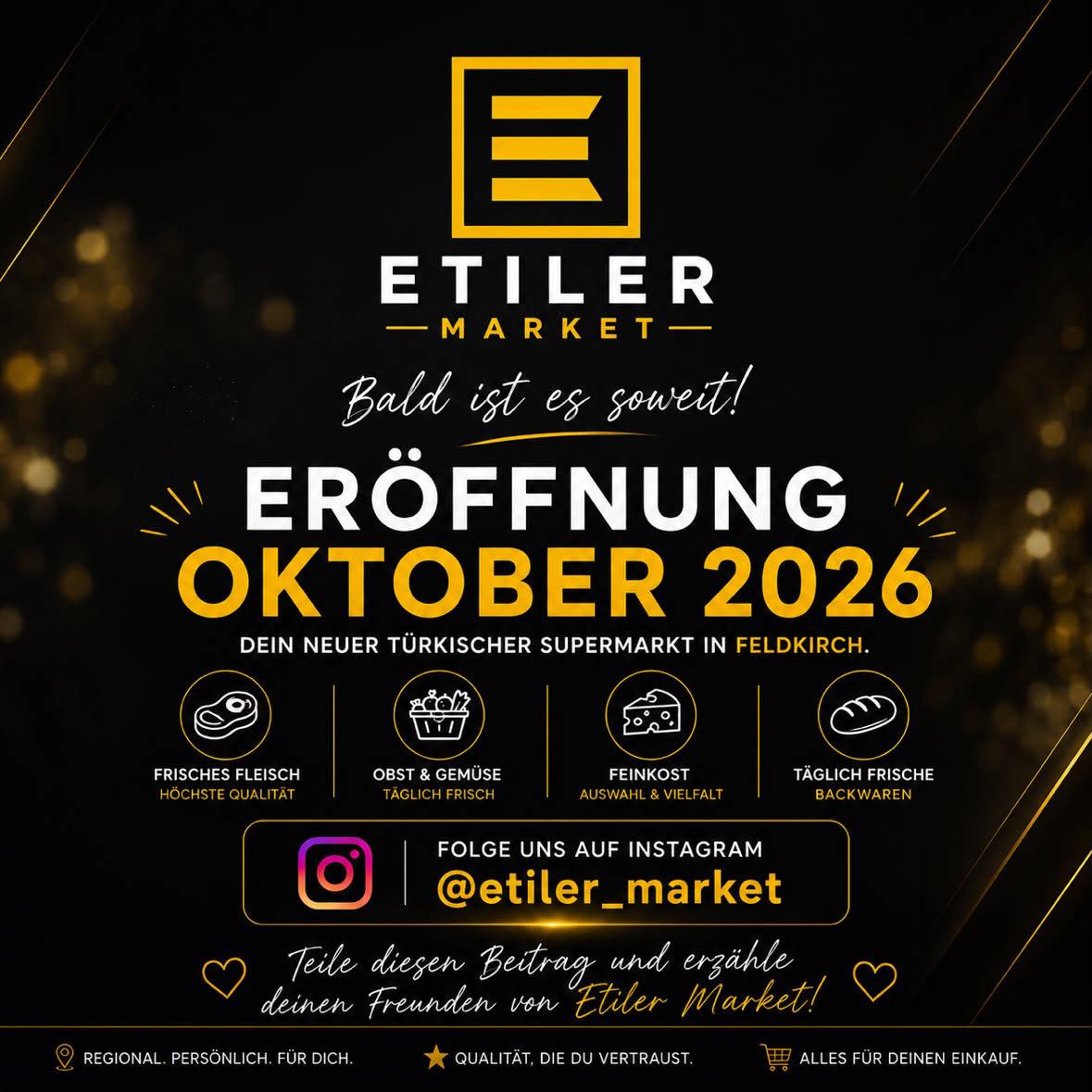 💛 Sponsoring für den SC 🖤
Mit dem Etiler Market Feldkirch dürfen wir zur neuen Saison einen weiteren Sponsor in unserer SC-Familie begrüßen.
Ein herzliches Dankeschön an unseren ehemaligen Co-Trainer @fat1h.simsek für seine Unterstützung und das großzügige Sponsoring. Wir freuen uns auf die gemeinsame Zusammenarbeit und bedanken uns für das entgegengebrachte Vertrauen! 💛🖤
Schaut gerne zur Neueröffnung vorbei!
