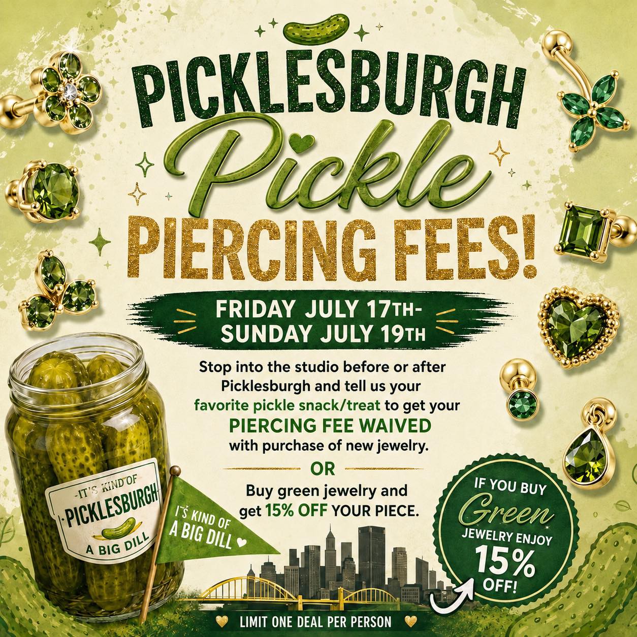 You guys are keeping us busy today!
Don’t forget you have time to take advantage of the Picklesburgh deal!
Mention this post in the studio to redeem!!!
#picklesburgh #genisysbodyarts #newpiercing #pittsburghevents #pittsburghpiercer