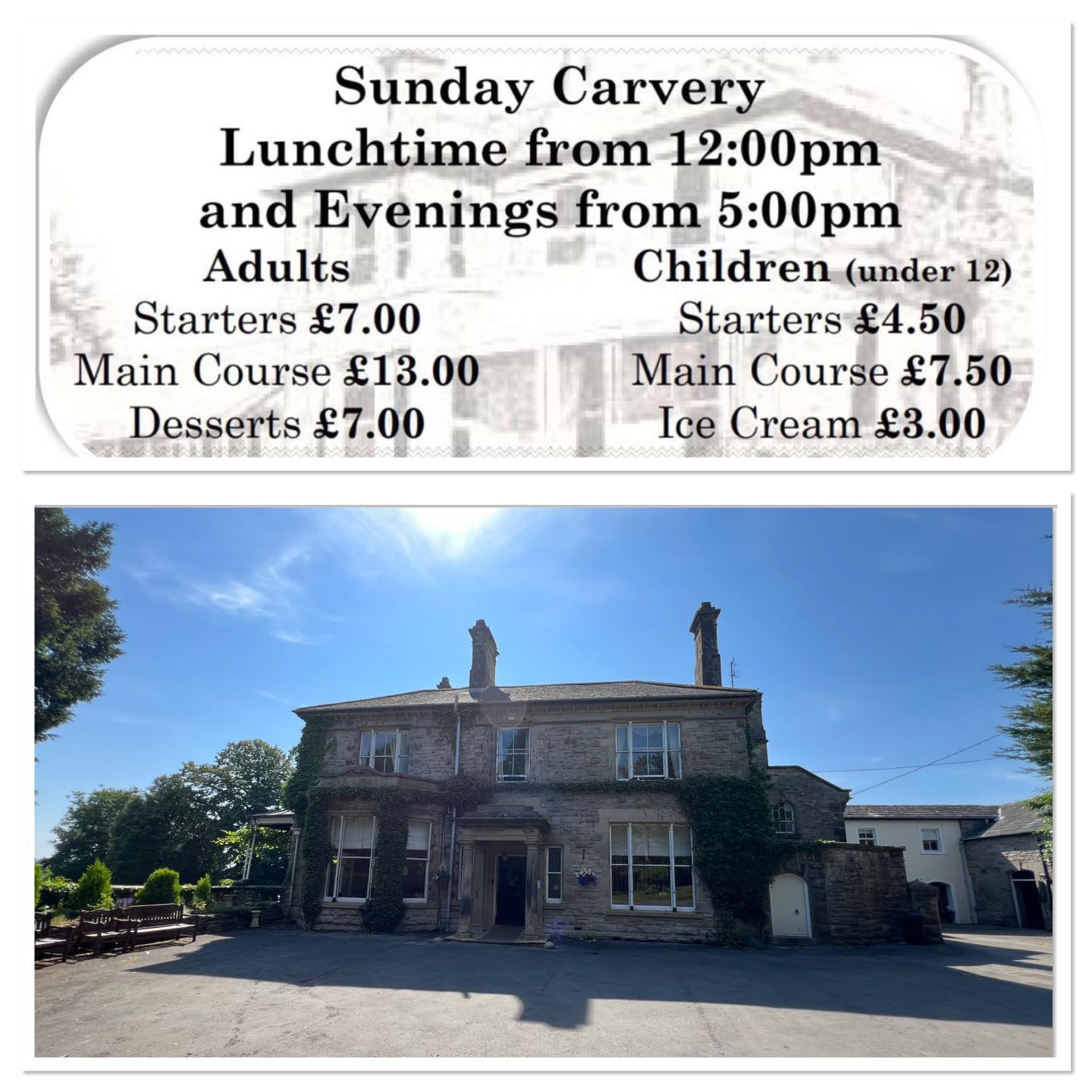 SUNDAY CARVERY
Sunday Afternoon from 12pm and Evening from 5pm
Sunday’s meats are - Beef, Chicken, Ham, Pork, Turkey, Cumberland Sausage and Steak Pie
Takeaways available
Call or message to book now
01900 824400 #booknow #sundaylunch
