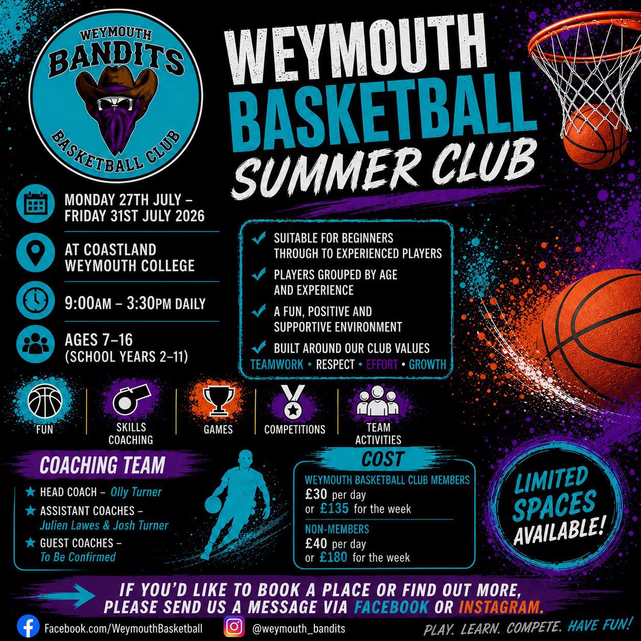 Summer Club starts next Monday!
Thereâs still time to book.
Suitable for ages 7â16, from beginners to experienced players.
Players are grouped by age and experience, with plenty of basketball, games and competitions throughout the week.
Message us to book or find out more.
#Weymouth #Dorset #Basketball #SummerHolidayClub #YouthBasketball #WeymouthBasketball #BasketballEngland