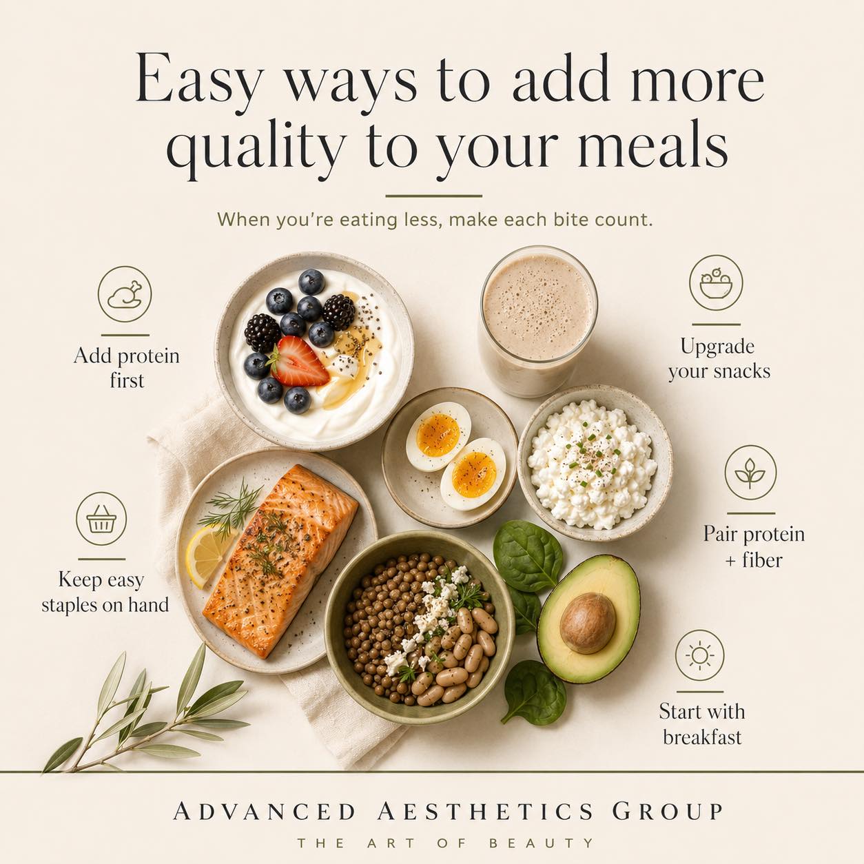 When you’re eating less, every bite has a bigger job.
During weight loss—especially when appetite is reduced—smaller portions can make it harder to get enough protein and other essential nutrients. Current guidance for GLP-1 treatment emphasizes choosing nutrient-dense, protein-rich foods because eating less can increase the risk of nutritional shortfalls.
Protein helps each meal do more. It supports:
• Muscle maintenance and repair
• Recovery from exercise and everyday activity
• Greater satisfaction from smaller meals
• The preservation of lean tissue as weight changes
You don’t need enormous portions or a perfect diet. Begin by giving protein a place at each meal:
Eggs, Greek yogurt, cottage cheese, fish, poultry, lean meat, tofu, beans, lentils—or a thoughtfully chosen protein shake when eating a full meal feels difficult.
Protein cannot do the entire job alone. Resistance exercise, hydration, balanced nutrition, and appropriate monitoring still matter. Research suggests that increased protein intake can help reduce muscle loss during weight loss, although it does not automatically preserve strength or physical function.
When you’re eating less, food quality matters more—not less.
#GLP1Nutrition #MedicalWeightLoss #ProteinNutrition #MidlifeWeightLoss #HealthyWeightLoss