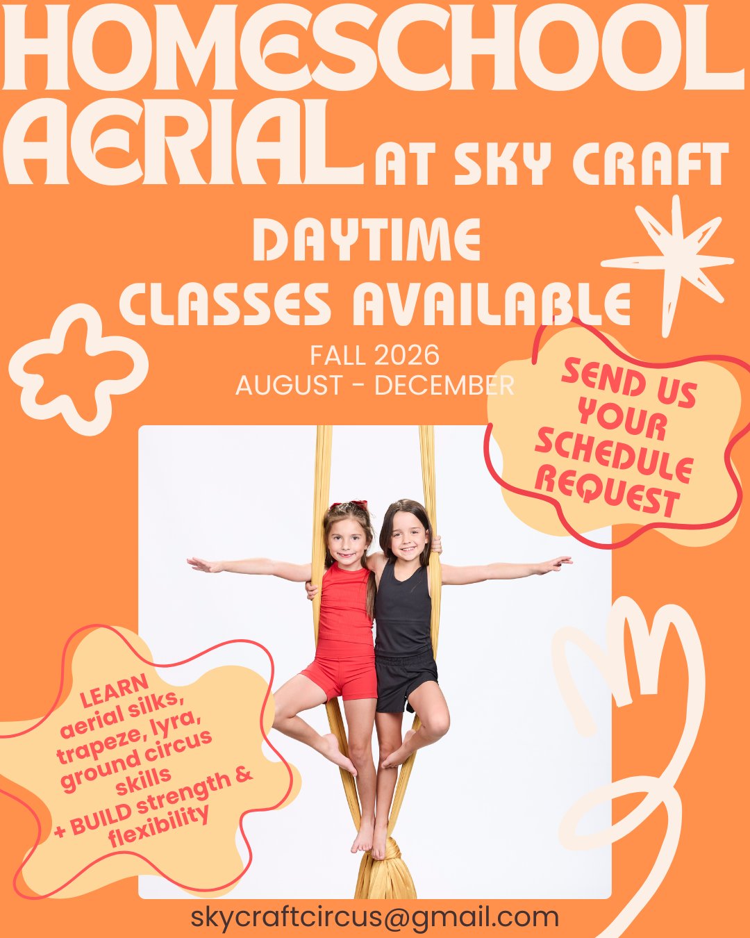 Calling all homeschool families!
We're hoping to offer daytime homeschool aerial classes this fall, but we need your help!
We're trying to find days and times that work best for local homeschool families, and we'd love your input before we finalize the schedule.
If your child is interested in aerial arts, send us a message/email with:
✨ Your child's age
✨ Days and times that work best for your family
✨ Any other scheduling preferences you'd like us to know
Our goal is to build classes around the needs of our homeschool community, so the more feedback we receive, the better!
Please share this post with other homeschool families who might be interested. We can't wait to fly with you this fall! 💛
Email: SkyCraftCircus@gmail.com