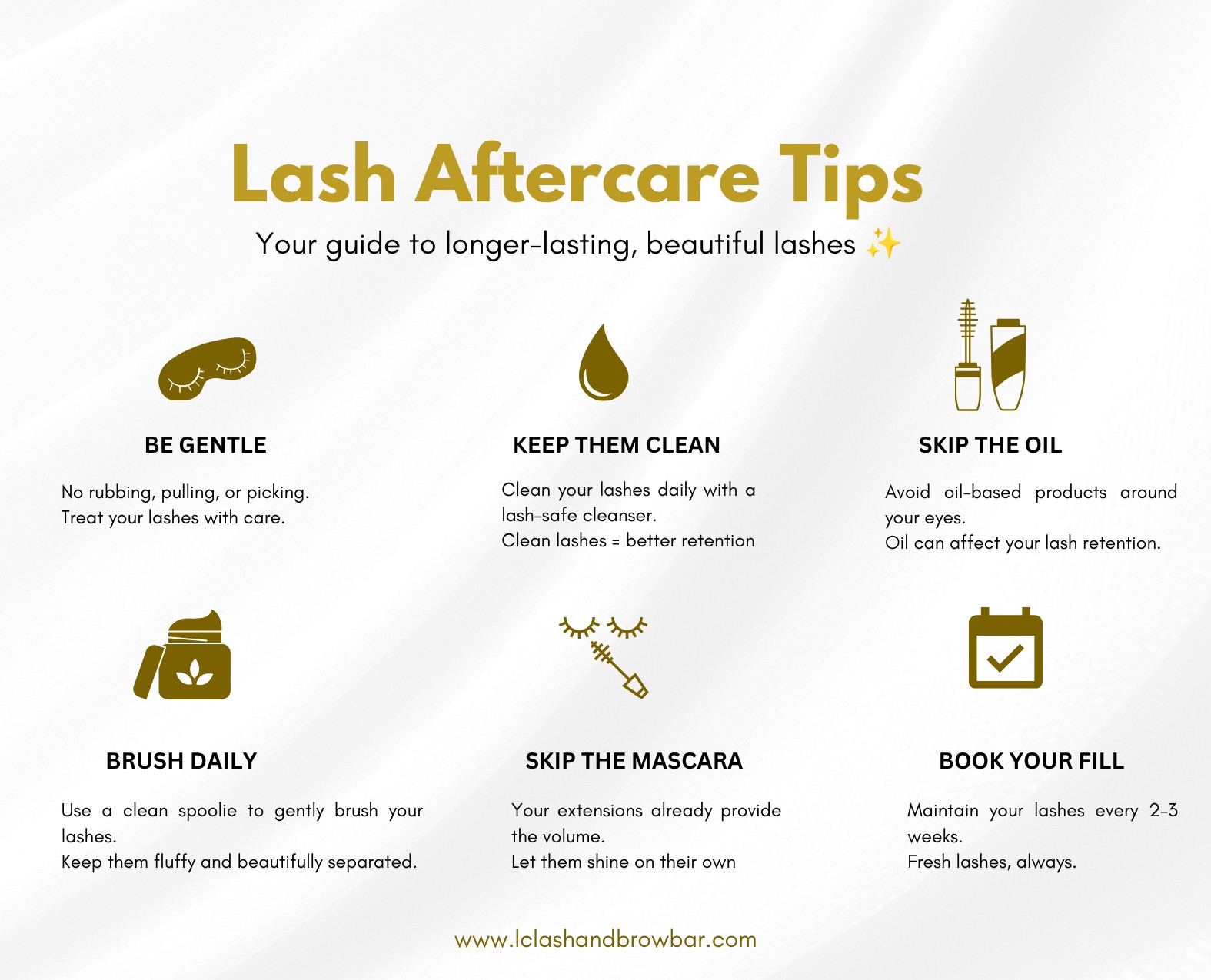 Beautiful lashes deserve beautiful aftercare. ✨
Want your lash extensions to stay fresh, fluffy, and flawless for longer? 🤍 From keeping them clean to avoiding oil-based products and being gentle with your lashes, the right aftercare makes all the difference.
Save this post for your next lash appointment and give your lashes the love they deserve! 🫶✨
📅 Ready for your next set or fill? Book your appointment today!
#LashAftercare #LashExtensions #LashCare #LashTips #HealthyLashes #LashRetention