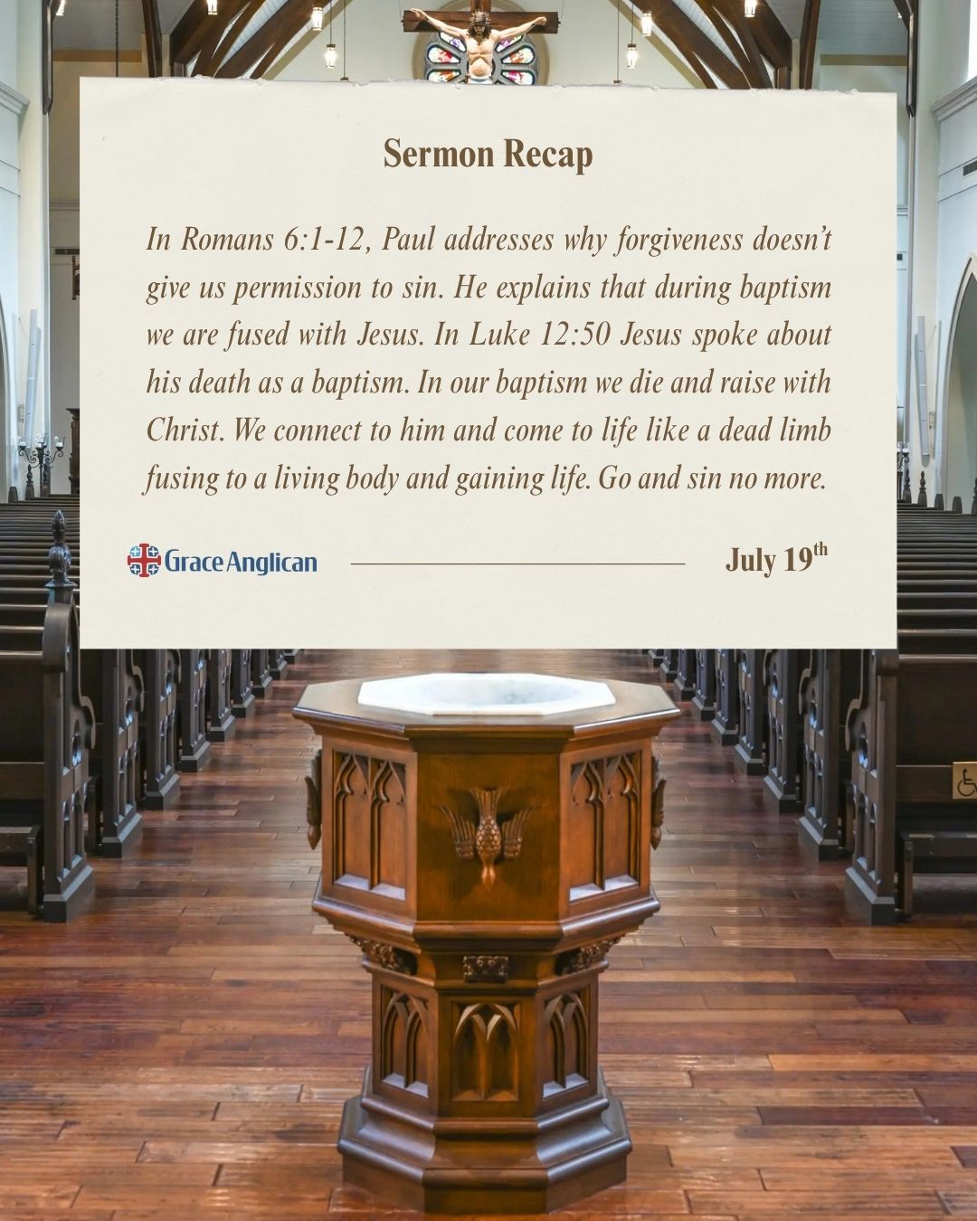 Missed church on Sunday? Or maybe you already forgot what the sermon was about?! Here's a recap! Keep this message on your heart this week and remind yourself you were joined to Jesus in baptism. Jesus died for your freedom FROM sin not your permission TO sin! Share this post if you thought Rev. Hawkins preached a good sermon!
#sermon #baptism #ThePassion #anglican