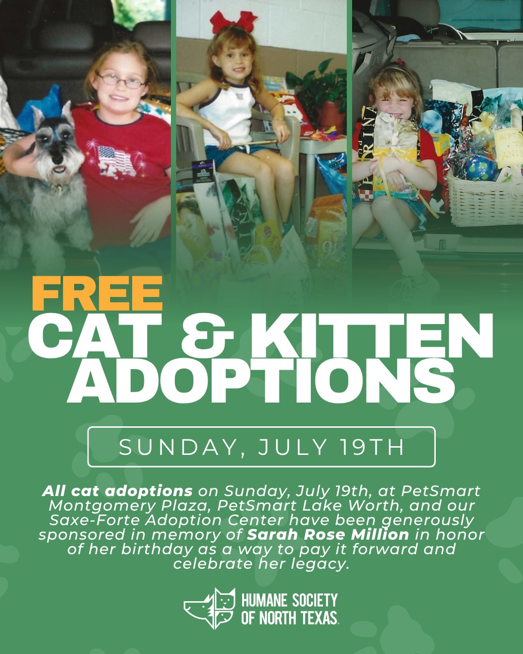 🐱🎉 𝐅𝐫𝐞𝐞 𝐂𝐚𝐭 & 𝐊𝐢𝐭𝐭𝐞𝐧 𝐀𝐝𝐨𝐩𝐭𝐢𝐨𝐧𝐬 | 𝐒𝐮𝐧𝐝𝐚𝐲, 𝐉𝐮𝐥𝐲 𝟏𝟗 𝐎𝐧𝐥𝐲! 🎉🐱
Looking to add a furry friend to your family? This Sunday, July 19, all cat and kitten adoptions are FREE at our 𝐇𝐒𝐍𝐓 𝐒𝐚𝐱𝐞 𝐅𝐨𝐫𝐭𝐞 𝐀𝐝𝐨𝐩𝐭𝐢𝐨𝐧 𝐂𝐞𝐧𝐭𝐞𝐫, 𝐏𝐞𝐭𝐒𝐦𝐚𝐫𝐭 𝐌𝐨𝐧𝐭𝐠𝐨𝐦𝐞𝐫𝐲 𝐏𝐥𝐚𝐳𝐚, 𝐚𝐧𝐝 𝐏𝐞𝐭𝐒𝐦𝐚𝐫𝐭 𝐋𝐚𝐤𝐞 𝐖𝐨𝐫𝐭𝐡!
This special adoption event has been generously 𝐬𝐩𝐨𝐧𝐬𝐨𝐫𝐞𝐝 𝐢𝐧 𝐦𝐞𝐦𝐨𝐫𝐲 𝐨𝐟 𝐒𝐚𝐫𝐚𝐡 𝐑𝐨𝐬𝐞 𝐌𝐢𝐥𝐥𝐢𝐨𝐧 in honor of her birthday. Through this heartfelt gift, her loved ones are paying it forward and 𝐜𝐞𝐥𝐞𝐛𝐫𝐚𝐭𝐢𝐧𝐠 𝐒𝐚𝐫𝐚𝐡'𝐬 𝐥𝐞𝐠𝐚𝐜𝐲 by helping cats and kittens find the loving homes they deserve.
There has never been a better time to open your heart and home. Come meet your new best friend and help us honor Sarah's memory by giving a deserving cat the fresh start they've been waiting for. 💙
Visit our website to view adoptable cats, learn more about our adoption process.
𝐀𝐝𝐨𝐩𝐭𝐢𝐨𝐧 𝐋𝐨𝐜𝐚𝐭𝐢𝐨𝐧𝐬 & 𝐓𝐢𝐦𝐞𝐬:
📍 𝐇𝐒𝐍𝐓 𝐒𝐚𝐱𝐞 𝐅𝐨𝐫𝐭𝐞 𝐀𝐝𝐨𝐩𝐭𝐢𝐨𝐧 𝐂𝐞𝐧𝐭𝐞𝐫 | 12 p.m. to 6 p.m.
1840 E. Lancaster Ave. Fort Worth, TX 76103
📍 @petsmart 𝐌𝐨𝐧𝐭𝐠𝐨𝐦𝐞𝐫𝐲 𝐏𝐥𝐚𝐳𝐚 | 10 a.m. to 3 p.m.
415 Carroll St. Fort Worth, TX 76107
📍 𝐏𝐞𝐭𝐒𝐦𝐚𝐫𝐭 𝐋𝐚𝐤𝐞 𝐖𝐨𝐫𝐭𝐡 | 10 a.m. to 3 p.m.
6572 Lake Worth Blvd. Fort Worth, TX 76135
𝐕𝐚𝐥𝐢𝐝 𝐒𝐮𝐧𝐝𝐚𝐲, 𝐉𝐮𝐥𝐲 𝟏𝟗 𝐨𝐧𝐥𝐲. 𝐒𝐭𝐚𝐧𝐝𝐚𝐫𝐝 𝐚𝐝𝐨𝐩𝐭𝐢𝐨𝐧 𝐩𝐫𝐨𝐜𝐞𝐬𝐬 𝐚𝐩𝐩𝐥𝐢𝐞𝐬.
#AdoptDontShop #CatAdoption #AdoptACat #ForeverHome @petsmartcharities #petsmartcharities