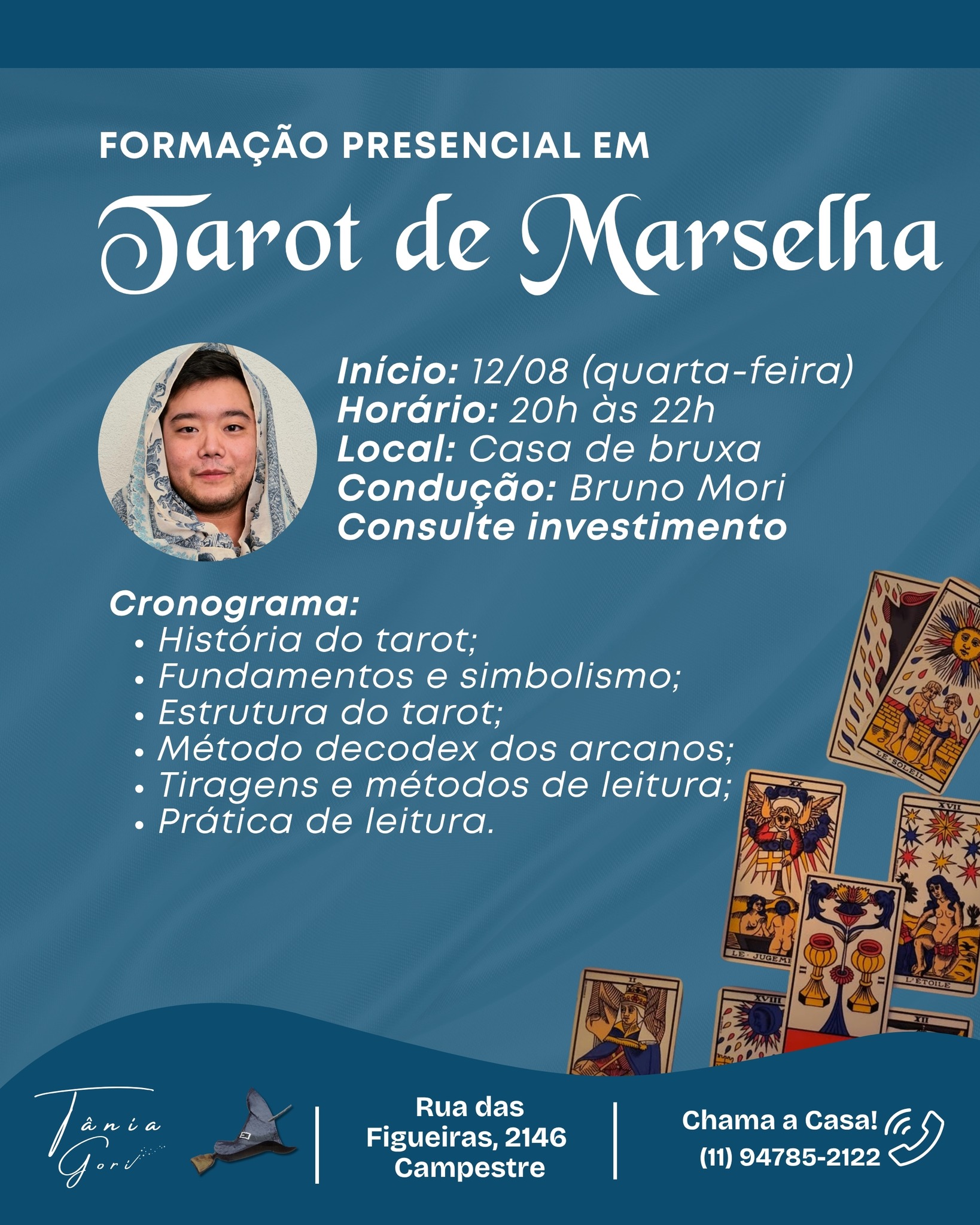 Antes de aprender a ler as cartas, você aprende a compreender a linguagem dos símbolos.
A Formação Presencial em Tarot de Marselha é um convite para desenvolver sua intuição, ampliar sua percepção e aprender a interpretar os Arcanos com profundidade, unindo teoria, simbolismo e muita prática.
Durante a formação, você conhecerá a história do Tarot de Marselha, a estrutura dos Arcanos Maiores e Menores, o método Decodex dos Arcanos, diferentes tiragens e métodos de leitura, além de participar de práticas supervisionadas que proporcionarão mais segurança e confiança em cada interpretação.
Se você deseja iniciar sua jornada no universo do tarot ou aprofundar seus conhecimentos com uma metodologia séria, prática e acolhedora, esta formação é para você.
Para mais informações, chama a casa: (11) 94785-2122.
#CasaDeBruxa #TarôDeMarselha #Tarot #Arcanos #LeituraDeTarô #FormaçãoEmTarô #Oráculo #Autoconhecimento #Espiritualidade #DesenvolvimentoPessoal #Simbolismo #Intuição #CursosHolísticos #UniversoEsotérico #BrunoMori #SantoAndré #UniversidadeLivreHolística
