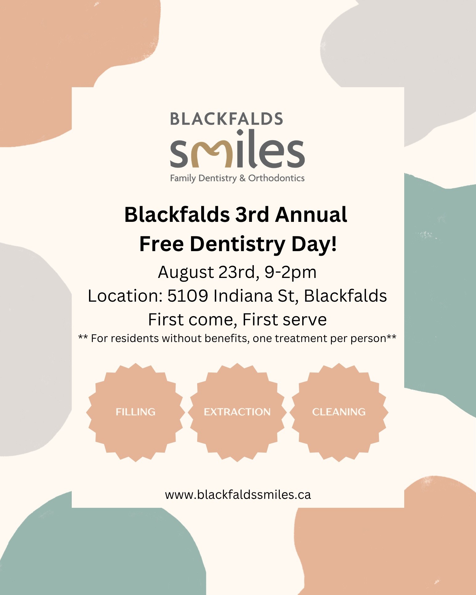Blackfalds Free Dentistry Day is Back AND We're Adding Lacombe!💙
At Blackfalds Smiles, we believe everyone deserves access to quality dental care. That's why we're proud to host our 3rd Annual Free Dentistry Day for Blackfalds AND Lacombe community members without dental benefits.
📅 Sunday, August 23
🕘 9:00 AM – 2:00 PM
📍 5109 Indiana Street, Blackfalds
Treatment is first come, first served
One treatment per person, including:
🦷 Cleaning 🦷 Filling 🦷 Extraction
If you or someone you know could benefit from this event, please help us spread the word by sharing this post. Together, we can make a difference one smile at a time! 💙