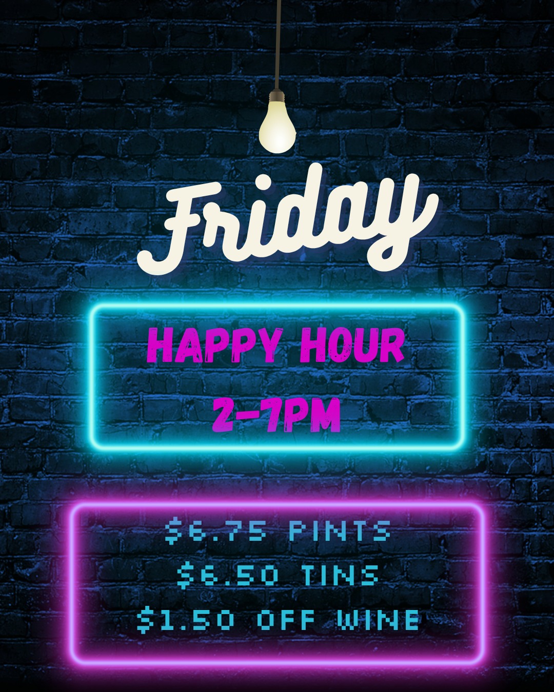 Fri-Yay!!!
Lets close out the "Work Week" with a Happy Hour..... ssssss .... Happy Hours!!!
Between 2-7pm we've got some boozy specials for you.
🍺🍷
$6.75 Draft
$6.50 Tall Boys
$1.50 off Wine!
We're open 12pm to 1 am today!
#HappyHour
#Whitby4Corners
#PressStart
#SupportLocal
#RetroGaming
