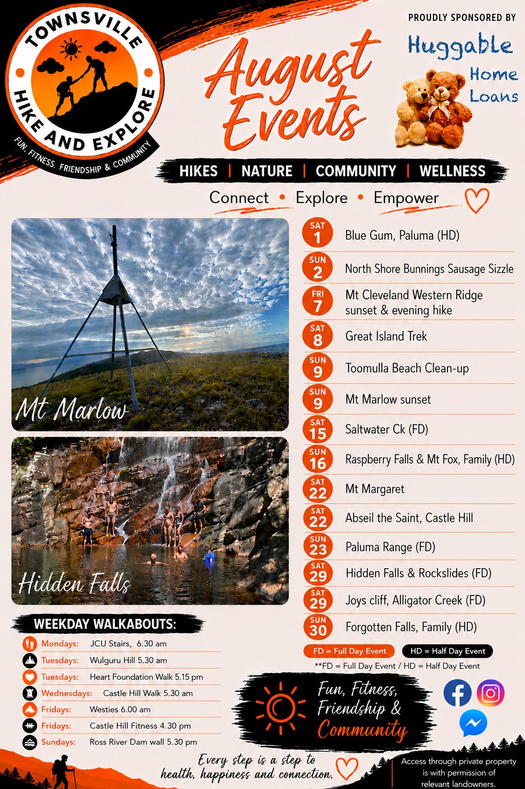 Join the group for another month of fun filled adventures.
August sees a great range of hikes and also on Sunday 2nd we have our fundraiser event at Bunnings Northshore.
Hope to see you on an adventure soon.
See our Facebook Group event list for all details.
#adventurewithus #outdoorcommunity #explore #townsvillehikeandexplore
