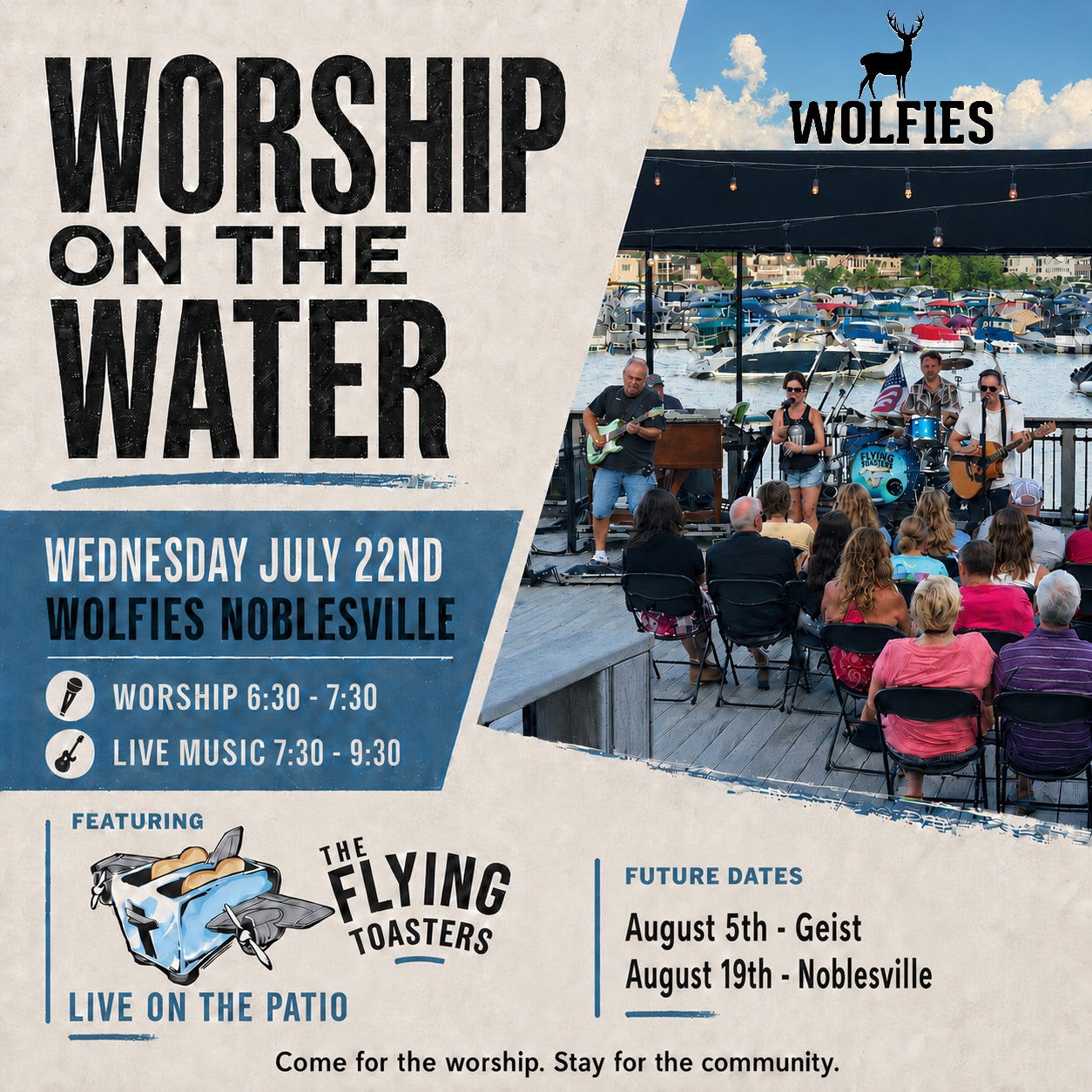 Our Worship on the Water summer series continues this Wednesday at Wolfies Noblesville, and this is one you do not want to miss.
@michelle.r.corrao will be our featured speaker as we come together for an evening centered on faith, hope and community. Then @theflyingtoasters will keep the night going with live music by the water.
Worship begins at 6:30 PM, followed by music from 7:30 to 9:30 PM. Bring your family, invite your friends and join us for a special evening together.
