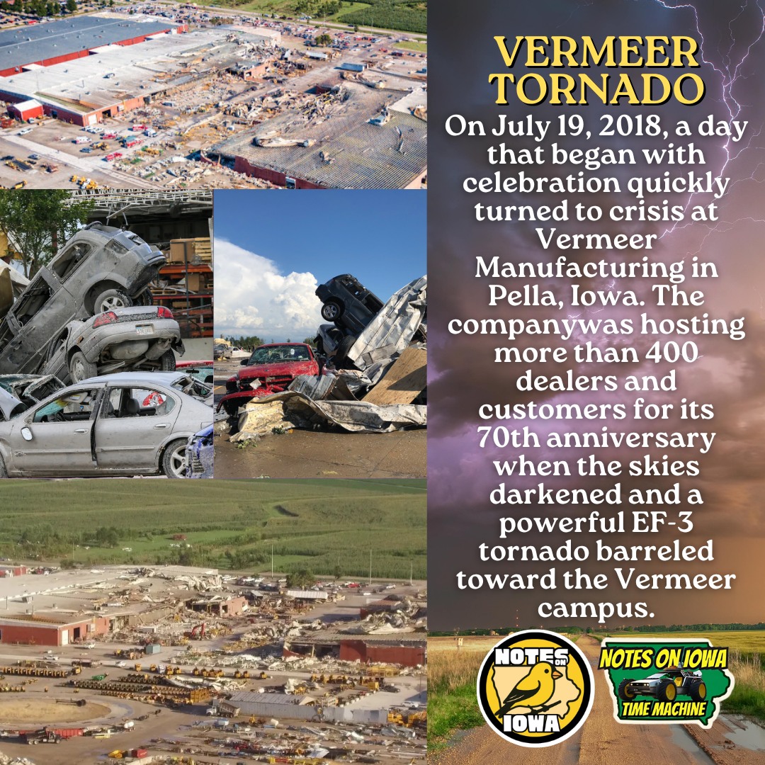 Iowa Time Machine ⏰: On July 19, 2018, a day that began with celebration quickly turned to crisis at Vermeer Manufacturing in Pella, Iowa. The company, a global leader in industrial and agricultural equipment, was hosting more than 400 dealers and customers for its 70th anniversary when the skies darkened and a powerful EF-3 tornado, with winds up to 165 mph, barreled toward the Vermeer campus.
With over 2,700 employees and hundreds of visitors on site, the stakes for safety and survival could not have been higher. As the tornado warnings sounded, Vermeer’s emergency response system sprang into action. Alarms blared across the “Vermeer Mile,” and team members, customers, and dealers were swiftly directed to reinforced tornado shelters throughout the campus. The response was orderly and decisive, a testament to the company’s commitment to safety. When the tornado struck around 4 p.m., it tore through the east side of the sprawling facility, tossing vehicles like toys and ripping roofs from buildings. Miraculously, despite the devastation, only seven people suffered minor injuries, all of whom were treated and released from the local hospital.
The aftermath revealed the tornado’s full fury. Plants 5 and 6, along with the waste management facility, were declared total losses, while Plants 4 and 7 sustained significant but less severe damage. The destruction was overwhelming: walls collapsed, machinery was battered, and the once-bustling campus was left scarred and silent. Yet, amid the wreckage, the spirit of Vermeer’s workforce shone through. CEO Jason Andringa, visibly moved, vowed that the company would rebuild and come back stronger than ever.
Recovery began almost immediately. Within days, parts of the facility were back online, and within a week, some production lines had resumed operations. The company’s leadership set ambitious goals: recover safely, return to full production, and get every team member back to work as quickly as possible. The community rallied, cleanup crews worked tirelessly, and Vermeer’s culture of resilience and teamwork became a model for disaster response in American manufacturing. #Iowa #OTD #History #Weather #Tornado