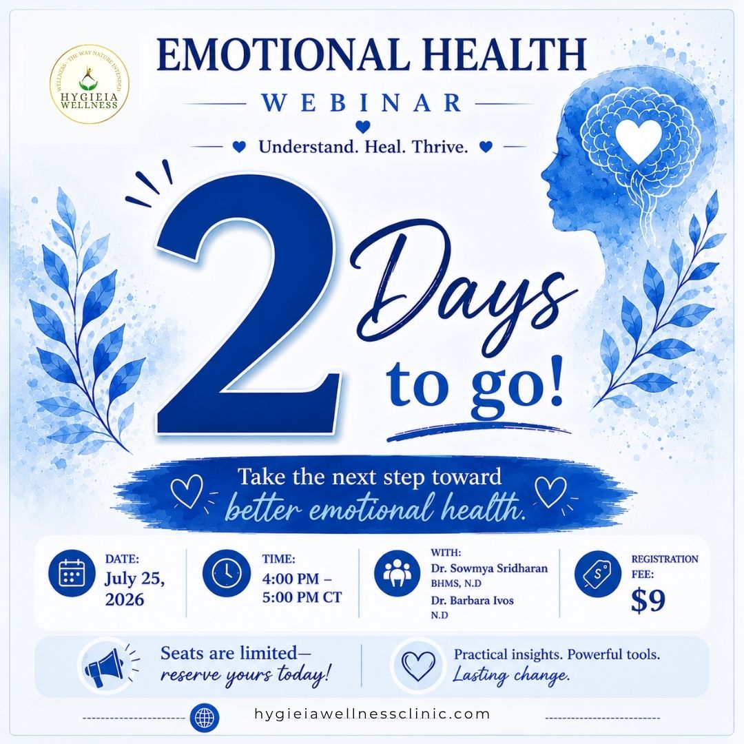We're just 2 days away from our Emotional Health Webinar, and there's still time to reserve your spot!
Join Dr. Sowmya Sridharan, BHMS, N.D. and Dr. Barbara Ivos, N.D. for an inspiring one-hour session exploring the connection between emotional and physical health.
You'll learn about:
The mind-body connection
Emotional eating
Addiction and emotional healing
The lasting effects of trauma into adulthood
Practical techniques to build emotional resilience
📅 July 25, 2026
🕓 4:00–5:00 PM CT
💲 Registration Fee: Just $9
Your webinar link and joining instructions will be emailed before the session begins. Link in bio.
#hygieiawellnessclinic #emotionalwellnesswebinar #drsowmyasridharan #drbarbaraivos #holisticwellness