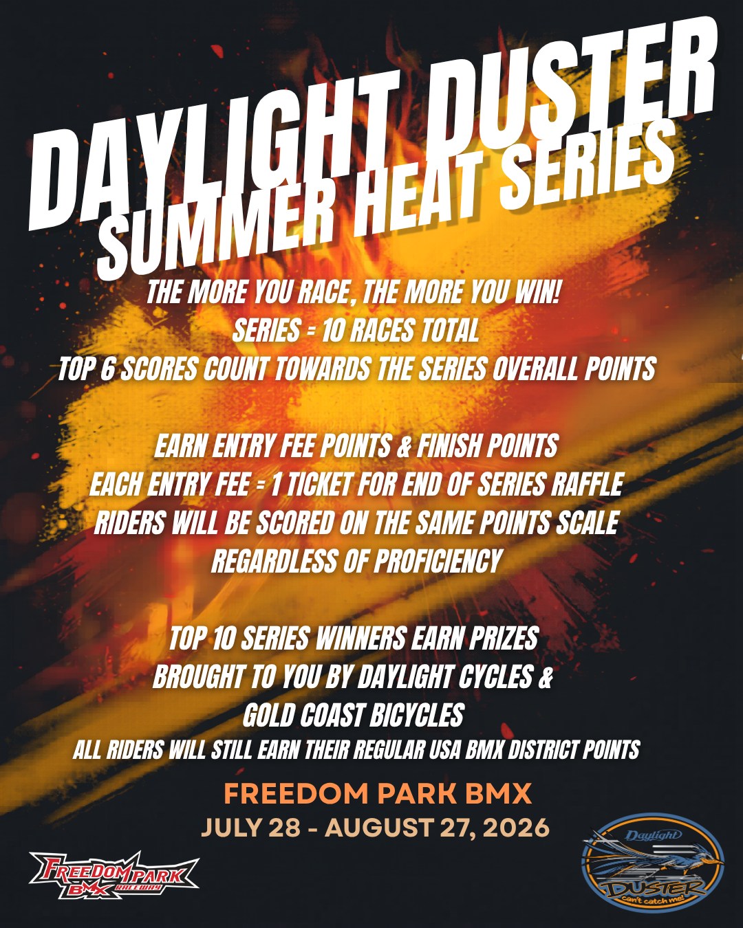 🔥 THE SUMMER HEAT SERIES IS ALMOST HERE! 🔥
This is a fun race series exclusively at Freedom Park BMX. The series is 10 races between July 28 - Aug 27 during our regular Tuesday and Thursday race nights.
This year, we’re teaming up with Daylight Cycles for the Daylight Duster Summer Heat Series and we’re giving away TWO "pint-sized" Daylight Duster frames! 🏆
Here is how you can win:
1️⃣ The Grand Prize: Rack up the most points over your top 6 races (July 28 – Aug 27) to take home the championship frame.
2️⃣ The Grand Finale Raffle: Anyone can win! Every race entry equals 1 raffle ticket. Show up, support the track, and get a chance to take home a brand-new Duster frame—winner's choice of size and color! 🎟️
💥 Want to stack the deck? Double-class (Class & Cruiser) OR line up for our new, low-pressure Open Classes for just $10 to score extra track time and an extra raffle ticket!
More info on the rest of the series prizes coming soon!
Who's ready to turn up the heat on summer racing?! 😎
#SummerHeatSeries #socalbmx #freedomparkbmx #usabmx #bmxracing