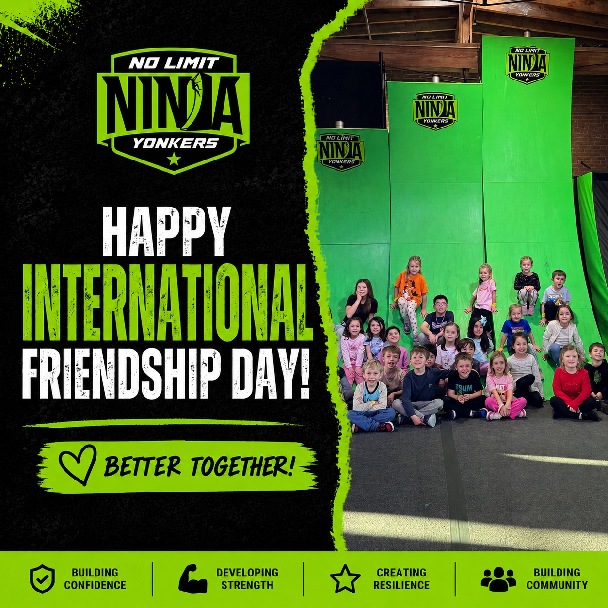 🤝 Friends train together.
📣 Cheer each other on.
🎉 Celebrate every new skill.
Happy International Friendship Day from No Limit Ninja Yonkers! 💚
Tag a friend who makes every challenge more fun.