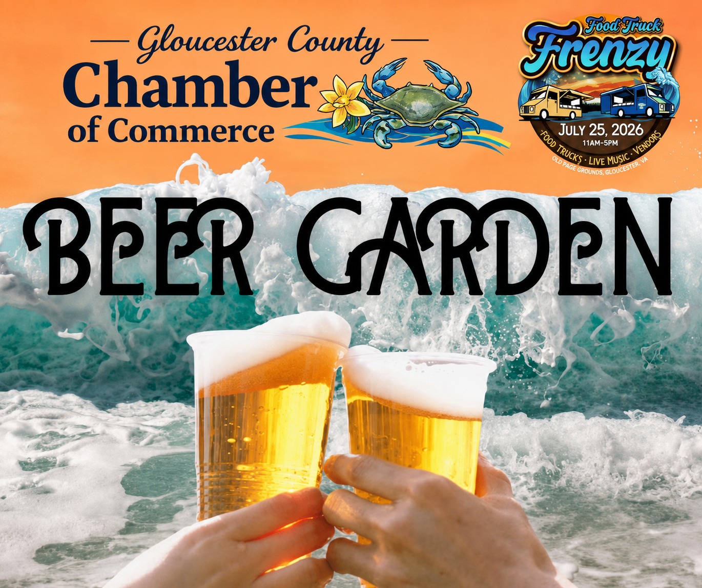 🍻 Did You Hear? There is a Beer Garden at The Food Truck Frenzy! 🍻
Join the Gloucester County Chamber of Commerce at the Beer Garden during Food Truck Frenzy and enjoy refreshing craft beer from Gloucester Brewing Company while taking in one of Gloucester's favorite summer events!
Come hungry, grab an ice-cold beer, support our amazing local food trucks and vendors, and spend the day with friends and family. 🍺🌮🎶
Want to help make the event a success? We're still looking for volunteers for two shifts:
✅ 11:00 AM – 2:00 PM
✅ 2:00 PM – 5:00 PM
If you'd like to volunteer, please send us a message—we'd love to have you on the team!
📅 Saturday, July 25
🕚 11:00 AM – 5:00 PM
📍 Old Page Grounds: 5644 George Washington Memorial Hwy, Gloucester, VA
Be sure to join the Facebook event for updates and invite your friends.
Sea you there! 🌊🍻🦀