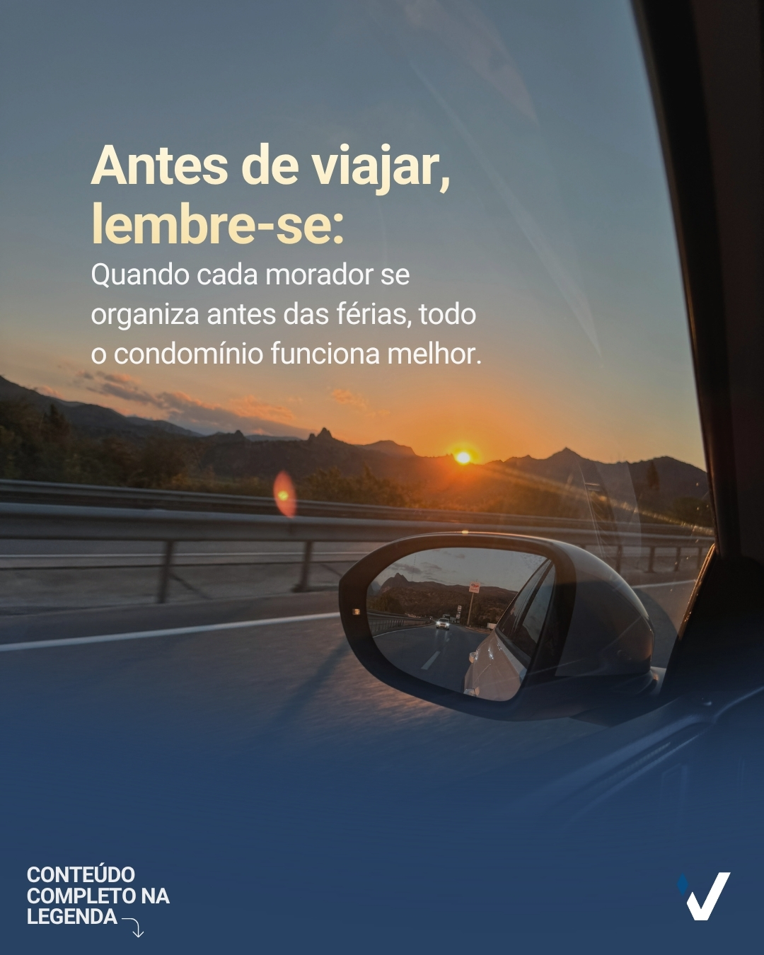 Quando cada morador faz a sua parte e se organiza antes de pegar a estrada, todo o ecossistema do condomínio flui melhor. Menos imprevistos, mais segurança e uma convivência harmoniosa para quem vai e para quem fica.
Faça o seu checklist, comunique a administração e aproveite o pôr do sol sem preocupações na cabeça! 🚗💨
VIP’S 25 anos – Porque viver bem começa com uma boa gestão.
#Planejamento #ConvivenciaHarmoniosa #ChecklistDeViagem #CondominioOrganizado #VipsAdministradora
