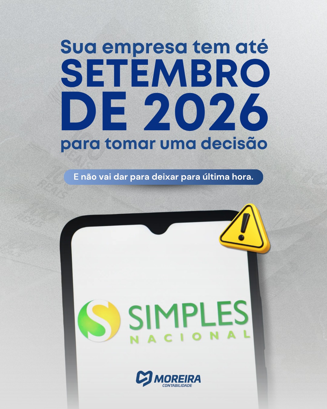 🚨 Esqueça janeiro: a decisão mais importante para quem está no Simples Nacional agora é em SETEMBRO DE 2026.
Por conta da Reforma Tributária, as empresas terão que escolher antecipadamente como vão recolher os novos impostos (IBS e CBS).
Essa escolha vai definir se o seu negócio continuará competitivo no mercado ou se você vai pagar mais tributo à toa. Não vai dar para deixar para a última hora.
Quer evitar surpresas e proteger o seu caixa?
Conte com quem entende de verdade.
Conte com a Moreira Contabilidade. ✅