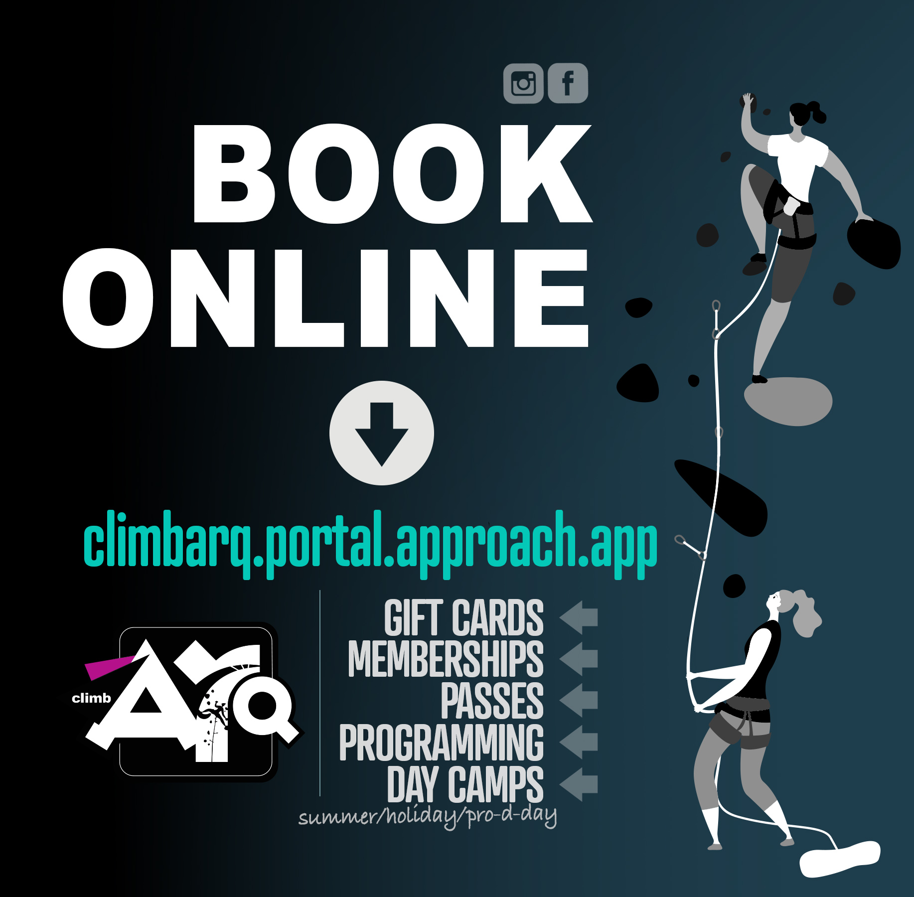 💻 Skip the line. Save the time. Climb more.
Life is busy... we get it. That's why we've made it easier than ever to get everything you need at Arq with just a few clicks.
✅ Purchase memberships
✅ Grab day passes
🎁 Buy gift cards (the easiest gift for the climber, adventurer, or fun-seeker in your life!)
🏕️ Register for day camps
🧗 Sign up for after-school programs
...all from the comfort of your couch, your office, or wherever life takes you.
No waiting. No rushing to make it before the front desk gets busy. Just quick, simple, and convenient.
Whether you're planning your next climb, registering your kids, or looking for the perfect gift, we've got you covered. Head over to our website, book online, and spend less time planning... and more time climbing.
🌐 Visit climbarq.portal.approach.app and get started today!