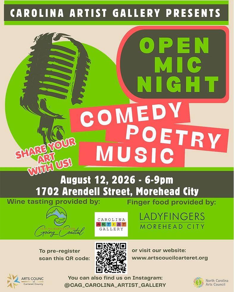 Join us and the @cag_carolina_artist_gallery for another Open Mic Night on Wednesday, August 12 featuring various comedians, poets and musicians from around our area πβπ€
Wine and finger foods will be provided (thank you @goingcoastalwine and @ladyfingersmhc!) as well as lots of local talent.
Interested in participating? Pre-register for your spot at form.jotform.com/261845057343055 (Preference will be given to original acts.)
Can't wait to see you there!
Who: Area Comedians, Poets and Musicians
What: Open Mic Night
When: Wednesday, August 12th from 6-9pm
Where: Arts Center at 1702 Arendell Street in Morehead City
#artscouncil #artshow #carteretcountyarts #crystalcoast #moreheadcitync