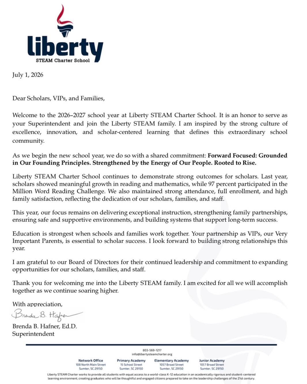 📣 A special Welcome Back message from Superintendent Dr. Brenda Hafner to our Liberty scholars, families, and VIPs. We can't wait to welcome you back to the Eagle's Nest!
#RootedToRise #ForwardFocused